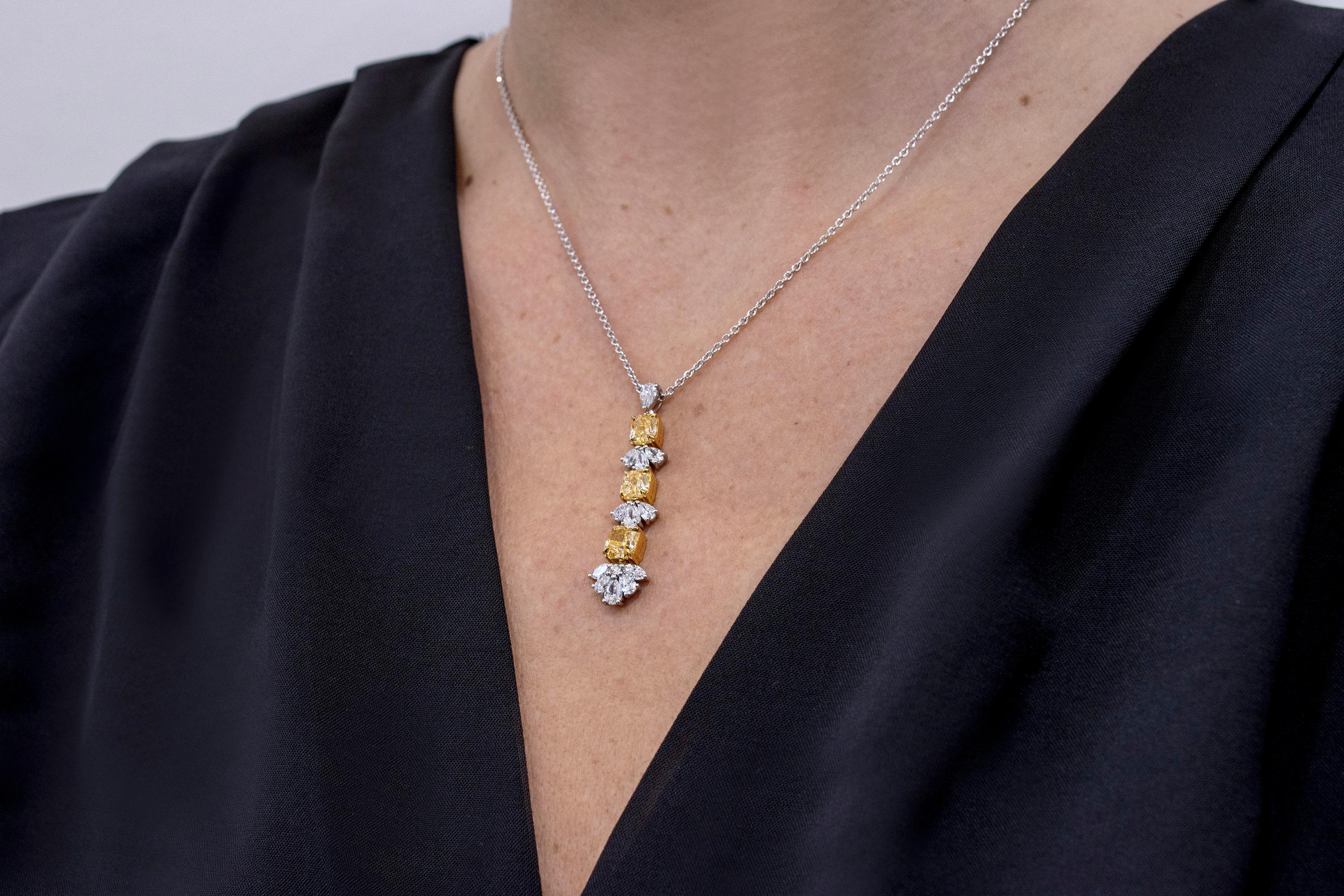 Women's or Men's Roman Malakov 3.13 Carat Total Radiant Cut Fancy Yellow Drop Pendant Necklace For Sale