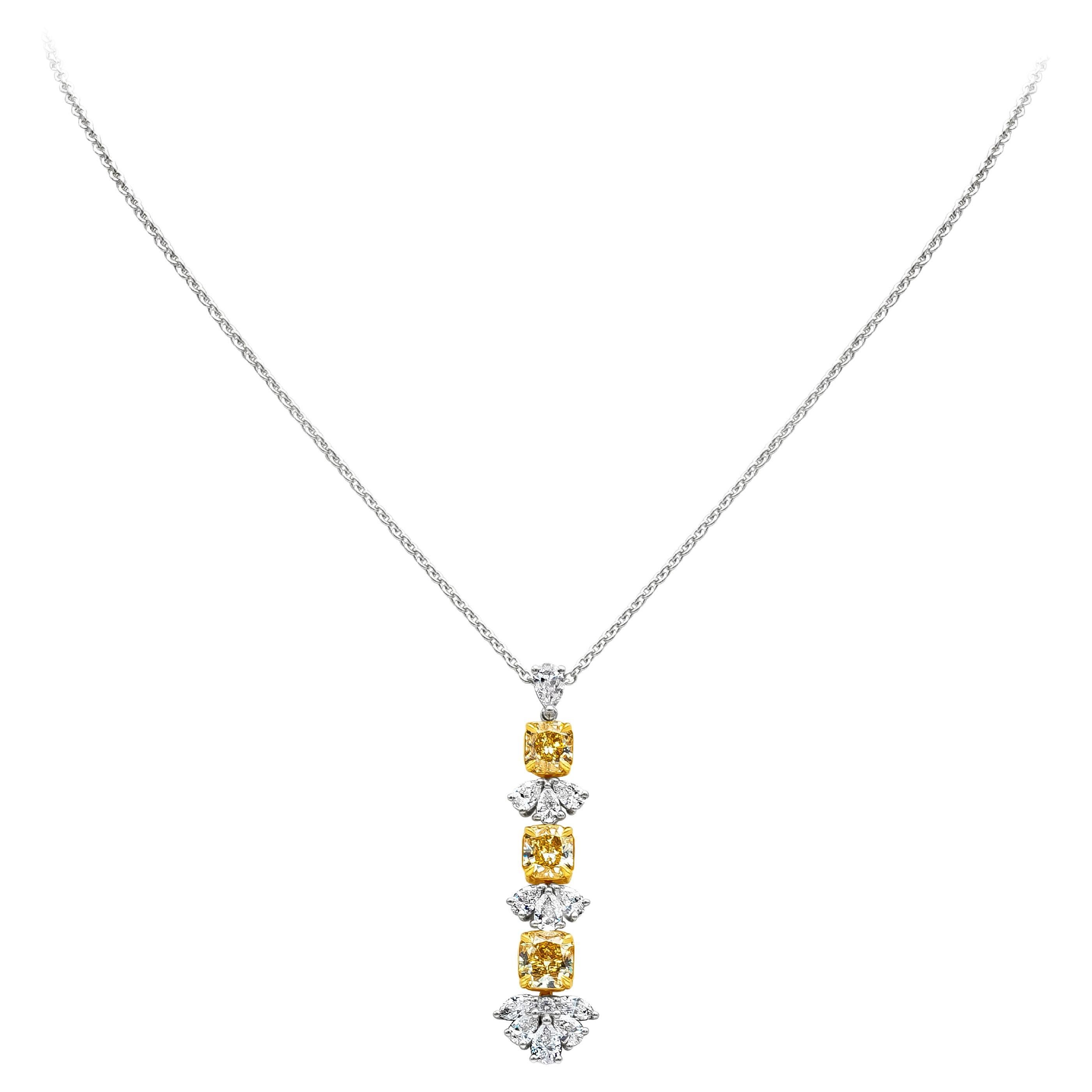 Roman Malakov 3.13 Carat Total Radiant Cut Fancy Yellow Drop Pendant Necklace For Sale