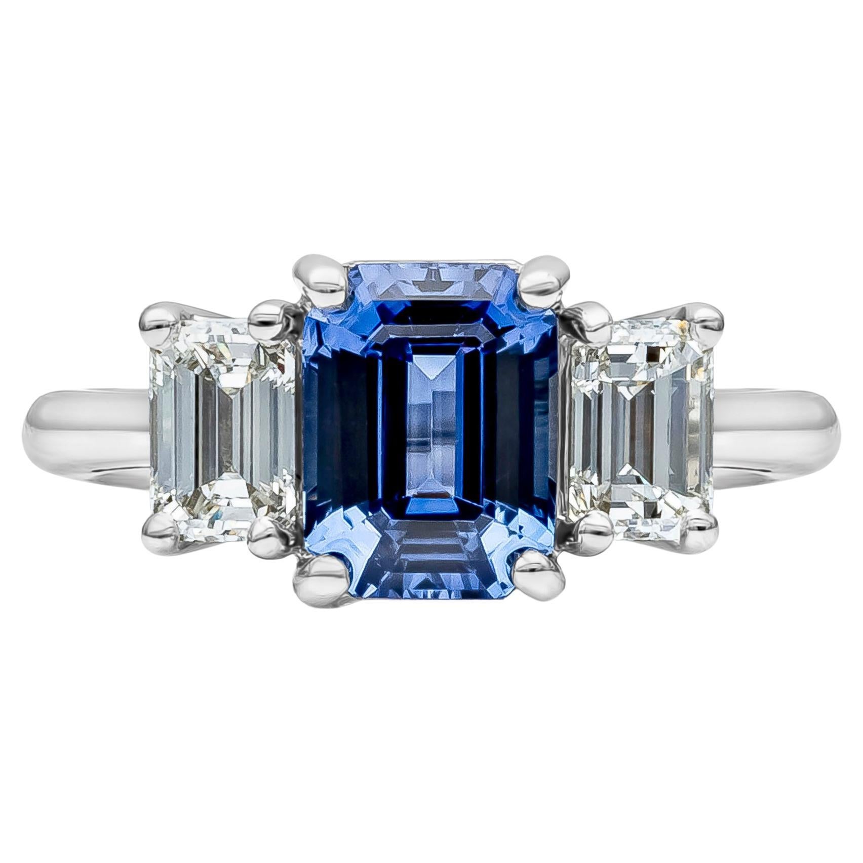 GIA Certified 3.25 Carat Emerald Cut Blue Sapphire Three Stone Engagement Ring For Sale