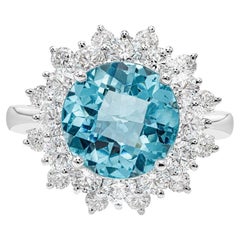 Roman Malakov 3.26 Carat Round Aquamarine and Diamond Flower Cocktail Ring