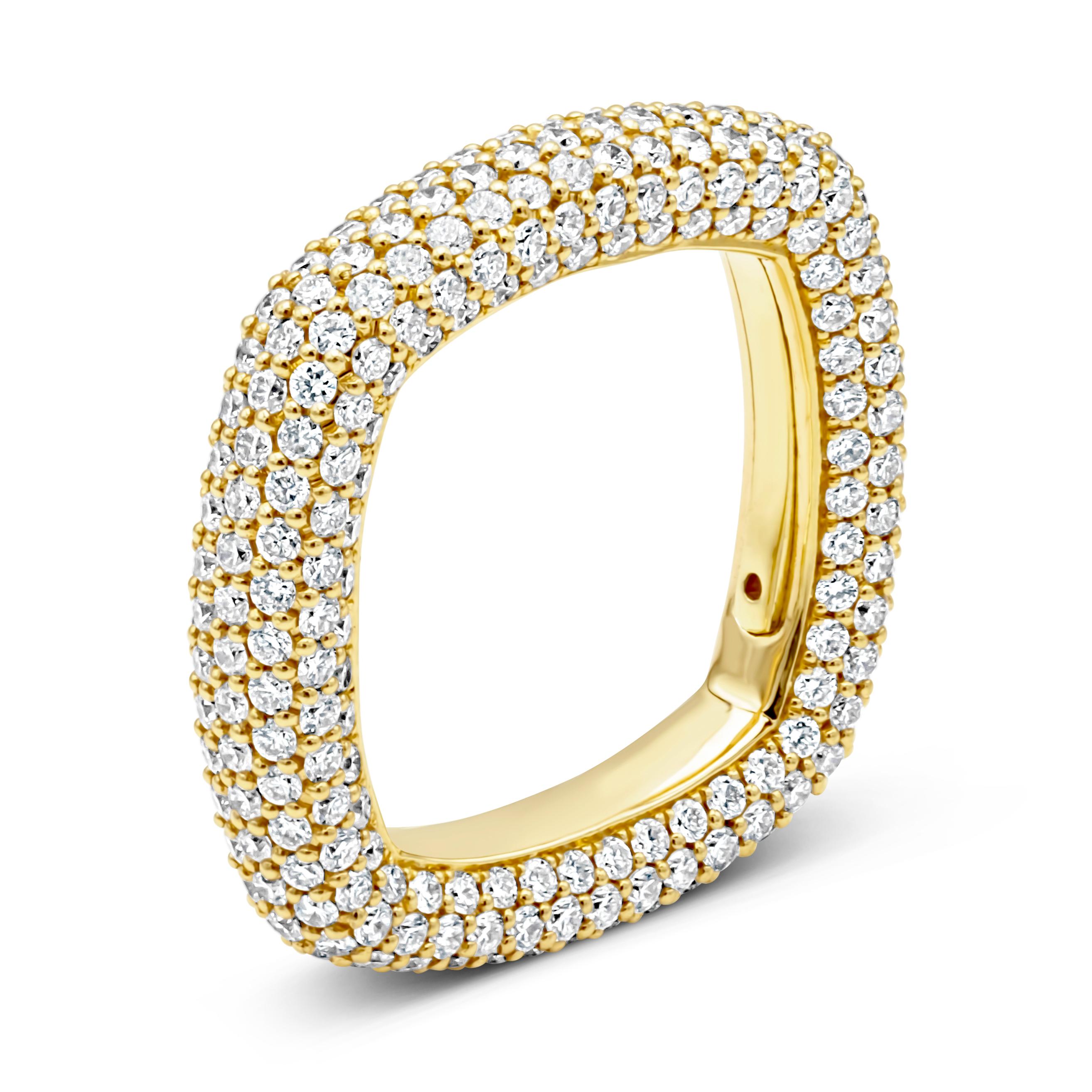 This fascinating and stylish fashion ring showcases 340 brilliant round cut diamonds weighing 3.30 carats total, beautifully set in a micro-pave set square design and shared prong setting. Perfectly made in 18k yellow gold. Size 6.5 US resizable