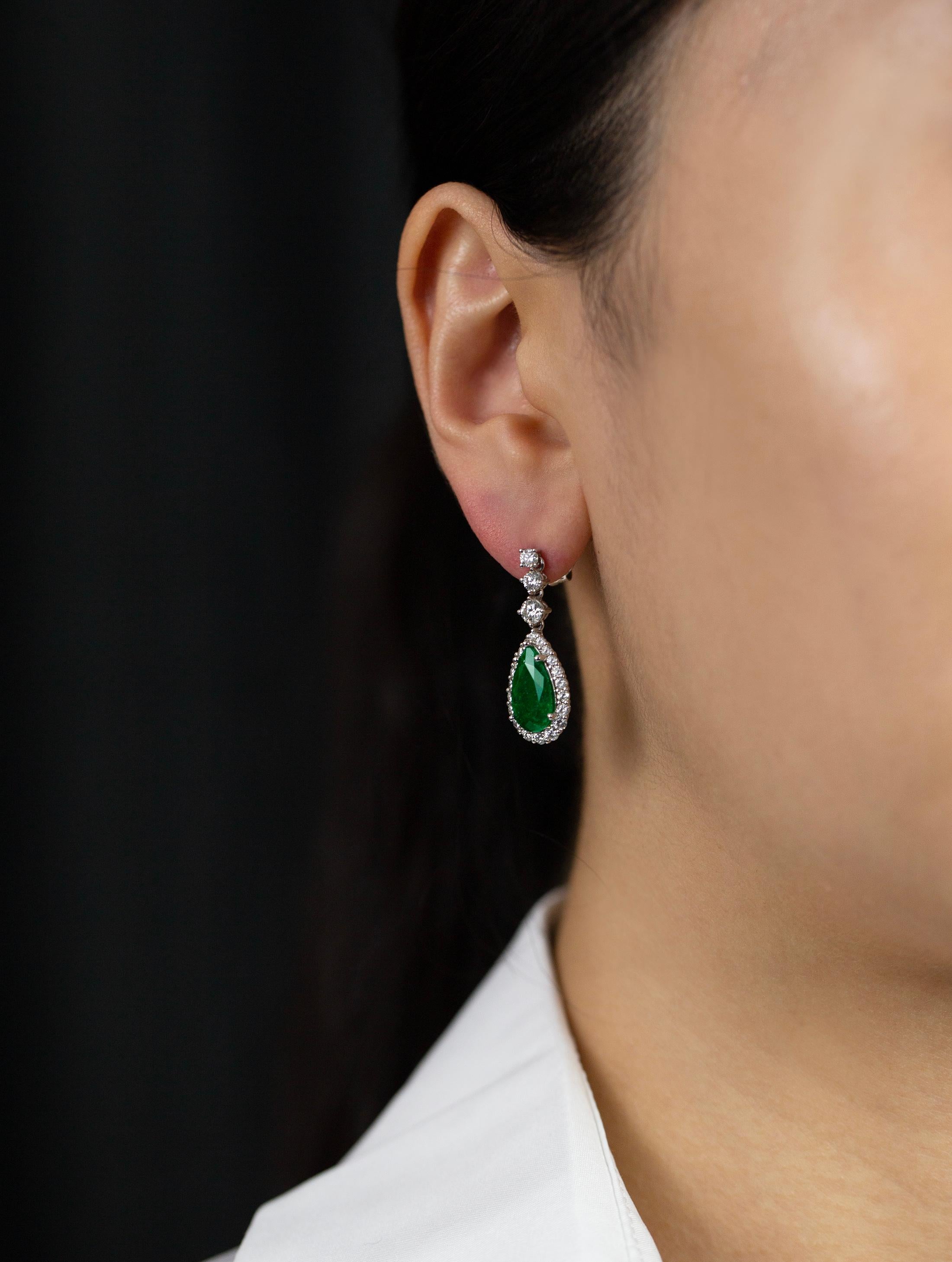Mixed Cut Roman Malakov 3.37 Carats Total Pear Shape Emerald and Diamond Dangle Earrings For Sale