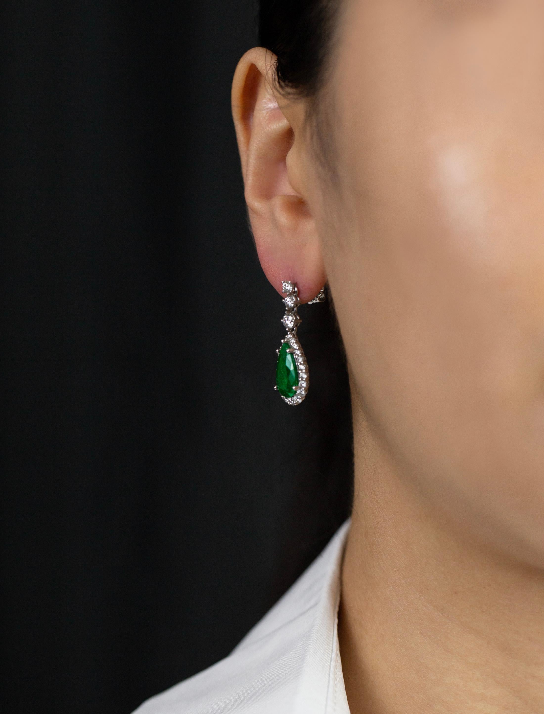 Roman Malakov 3.37 Carats Total Pear Shape Emerald and Diamond Dangle Earrings In New Condition For Sale In New York, NY