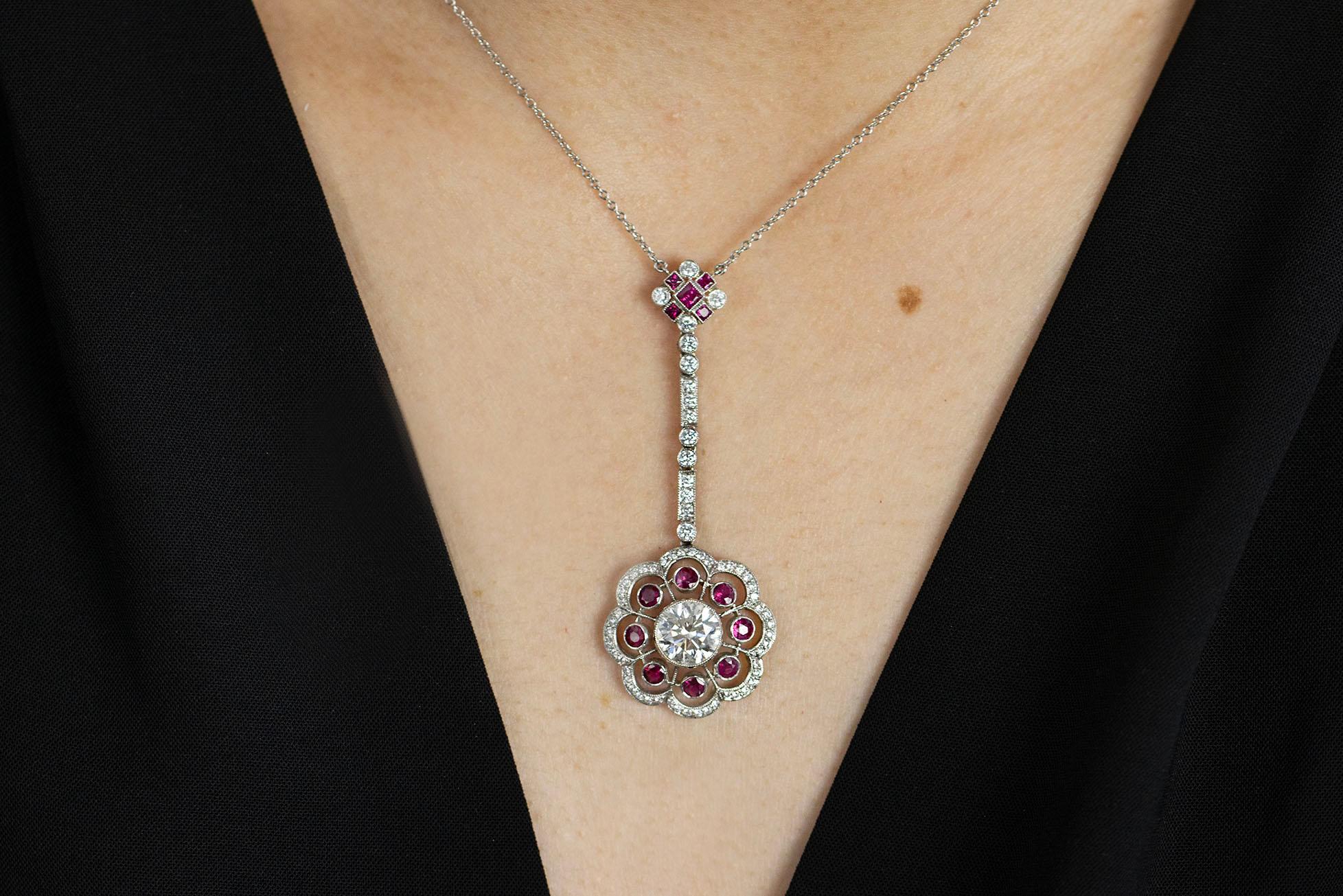 Art Nouveau Vintage 3.39 Carats Total Ruby and Diamond Floral Motif Drop Necklace For Sale