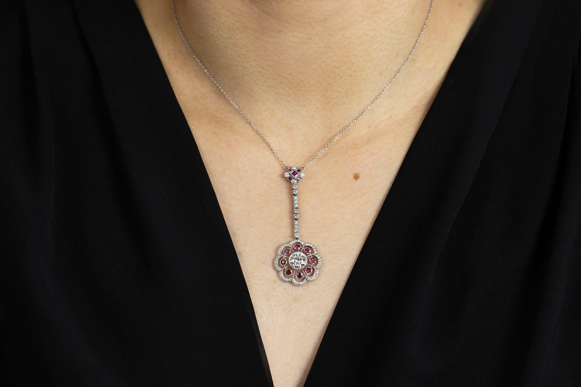 Round Cut Roman Malakov 3.39 Carats Total Ruby and Diamond Floral Motif Drop Necklace For Sale