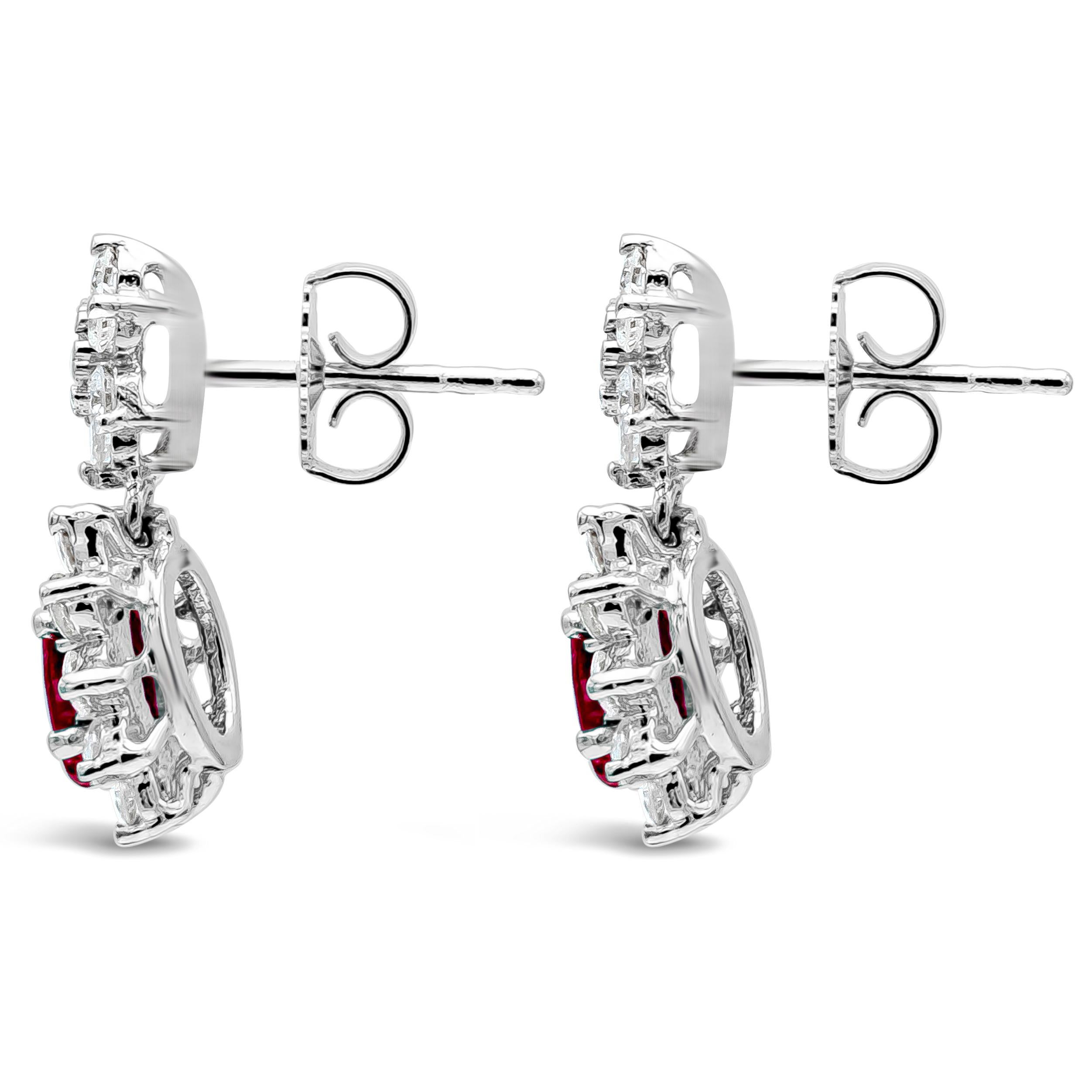 Contemporary Roman Malakov 3.44 Carats Total Oval Cut Ruby and Round Diamond Drop Earrings For Sale
