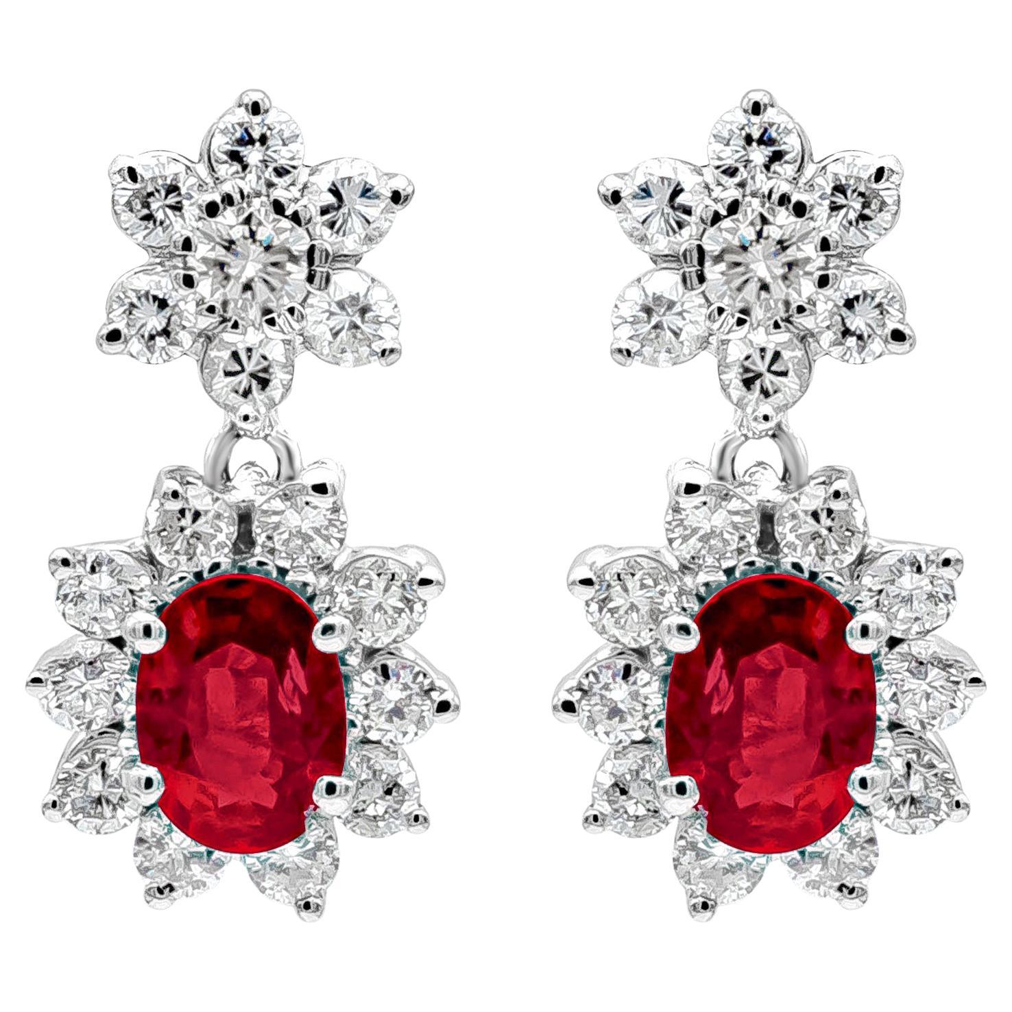 Roman Malakov 3.44 Carats Total Oval Cut Ruby and Round Diamond Drop Earrings For Sale
