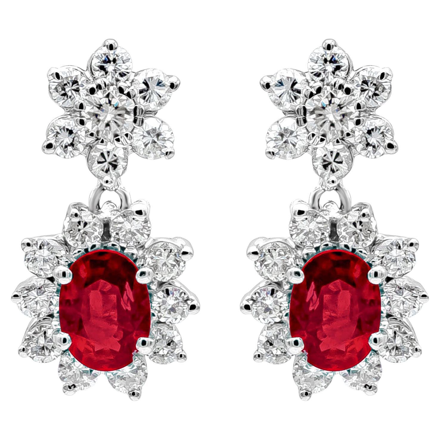 Roman Malakov 3.44 Carats Total Oval Cut Ruby and Round Diamond Drop Earrings