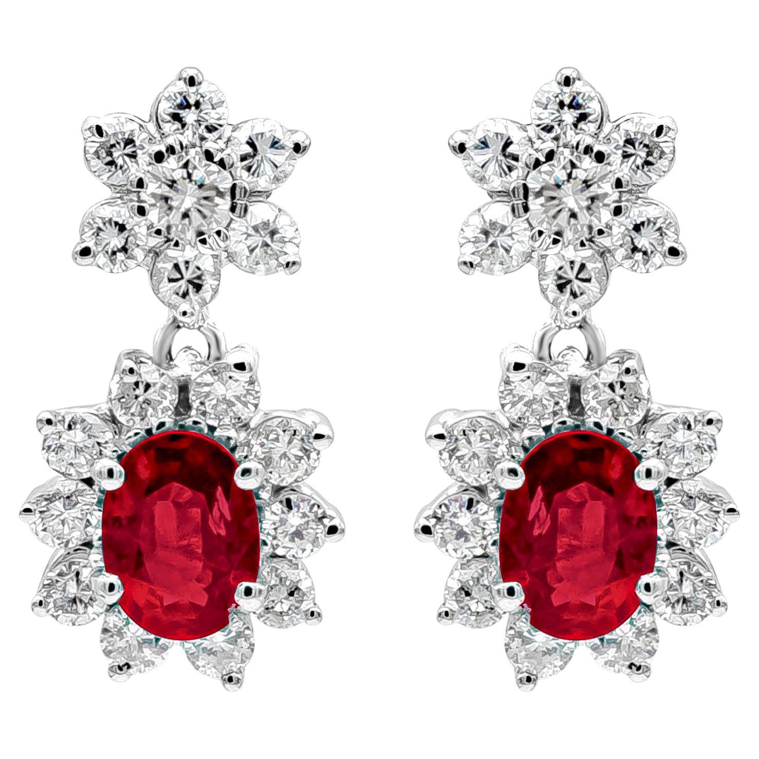 Roman Malakov 3.44 Carats Total Oval Cut Ruby and Round Diamond Drop Earrings