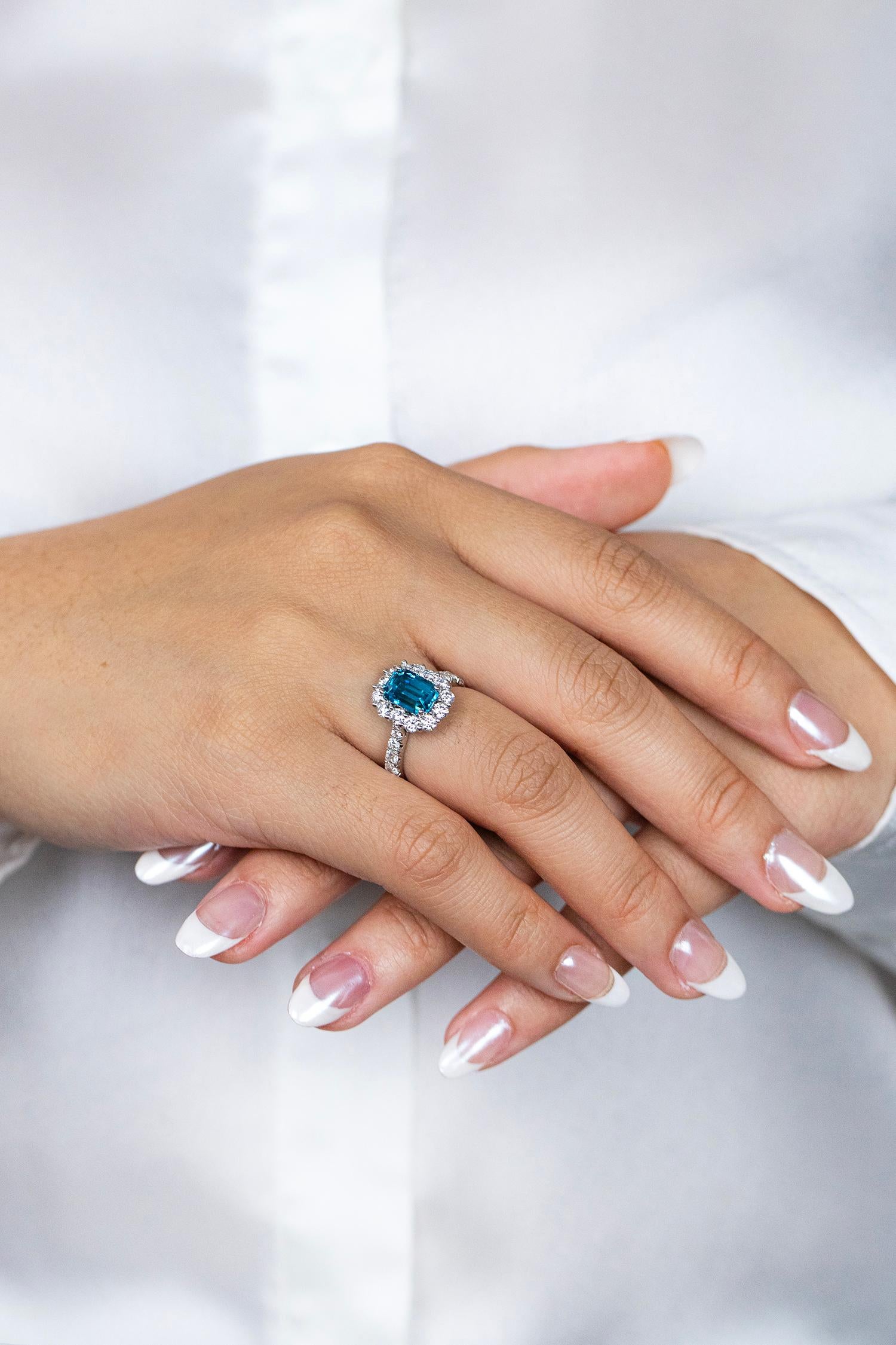 Women's Roman Malakov 3.45 Carats Emerald Cut Blue Zirconia & Diamond Engagement Ring For Sale