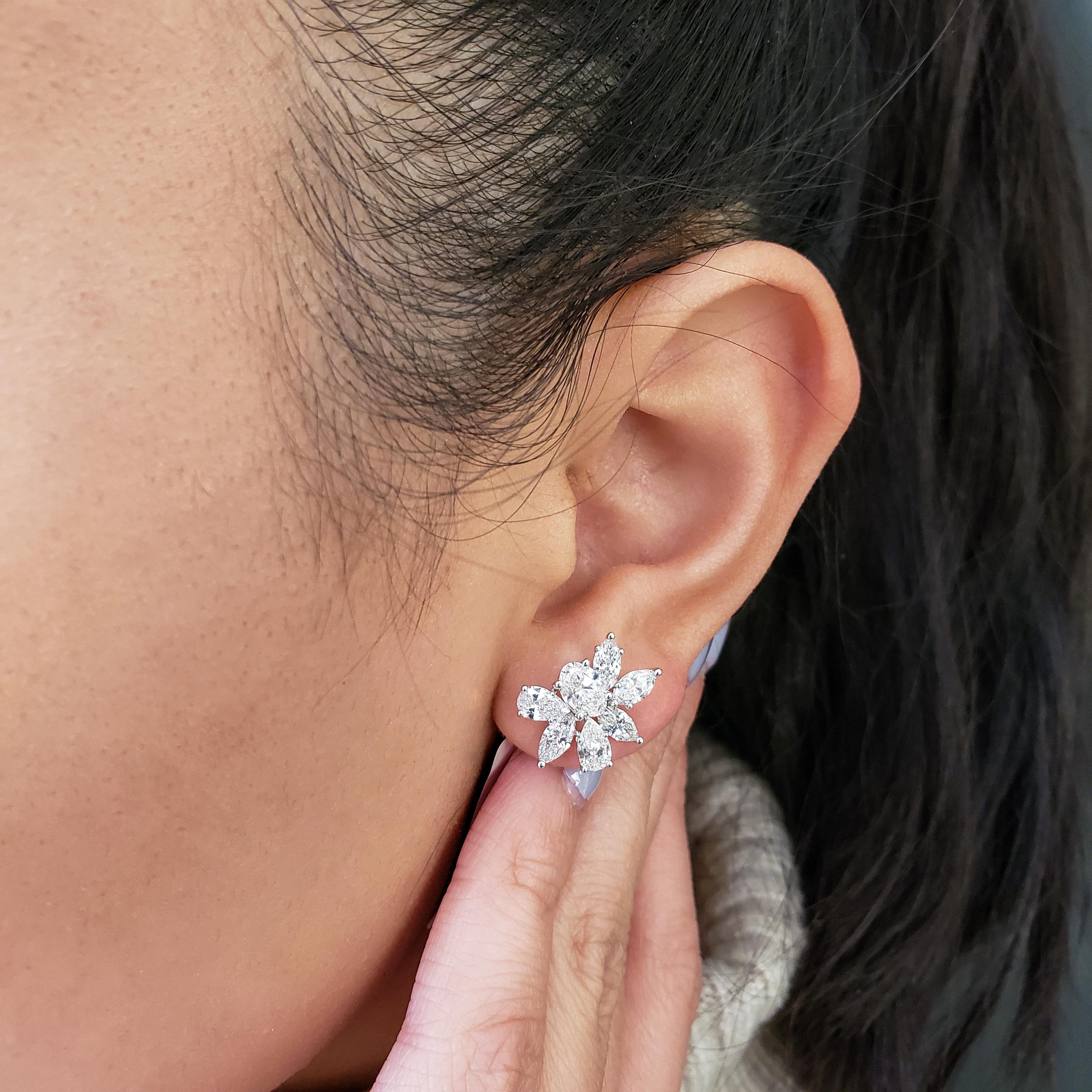 Women's Roman Malakov 3.80 Carat Pear and Oval Cut Diamonds Cluster Stud Earrings For Sale