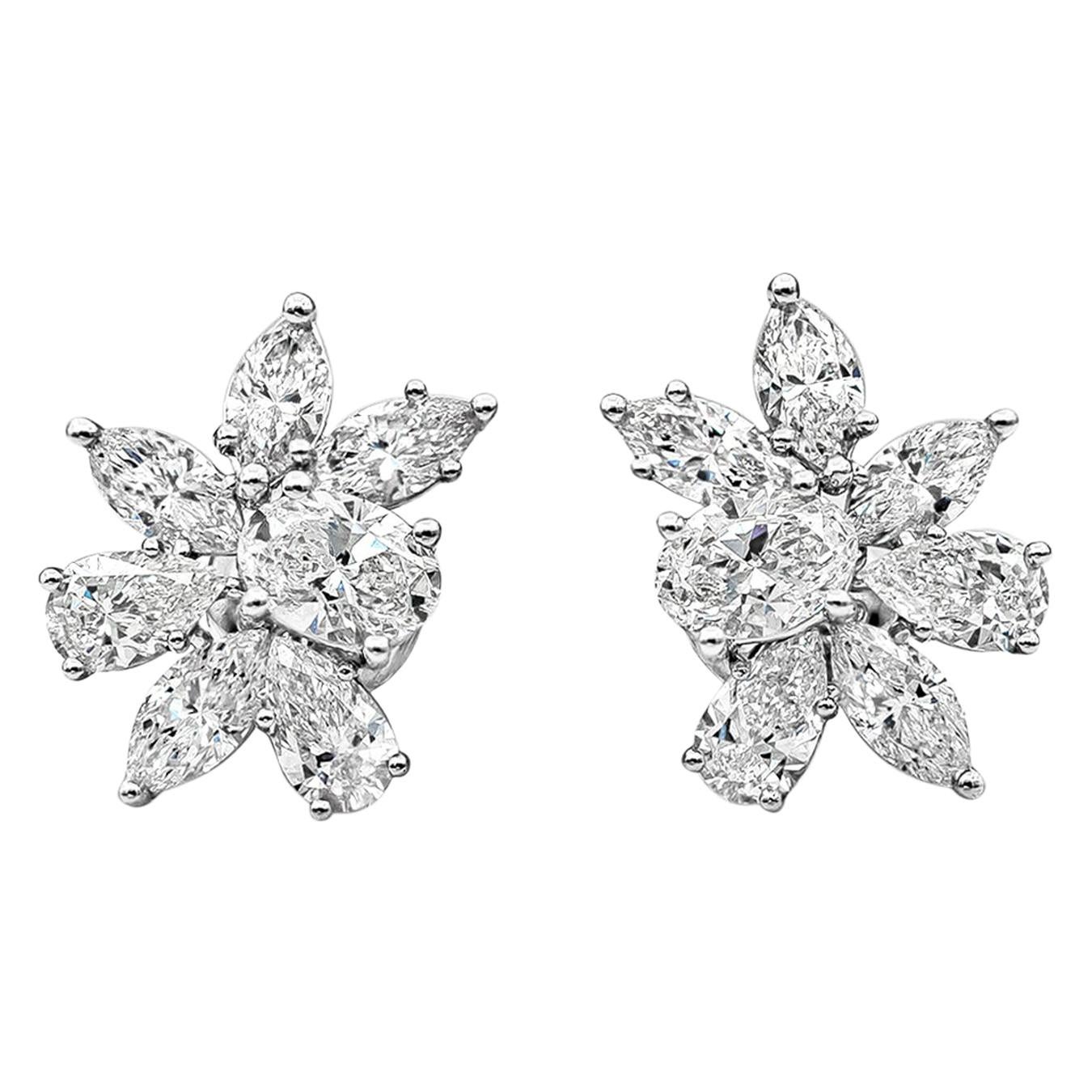 Roman Malakov 3.80 Carat Pear and Oval Cut Diamonds Cluster Stud Earrings For Sale
