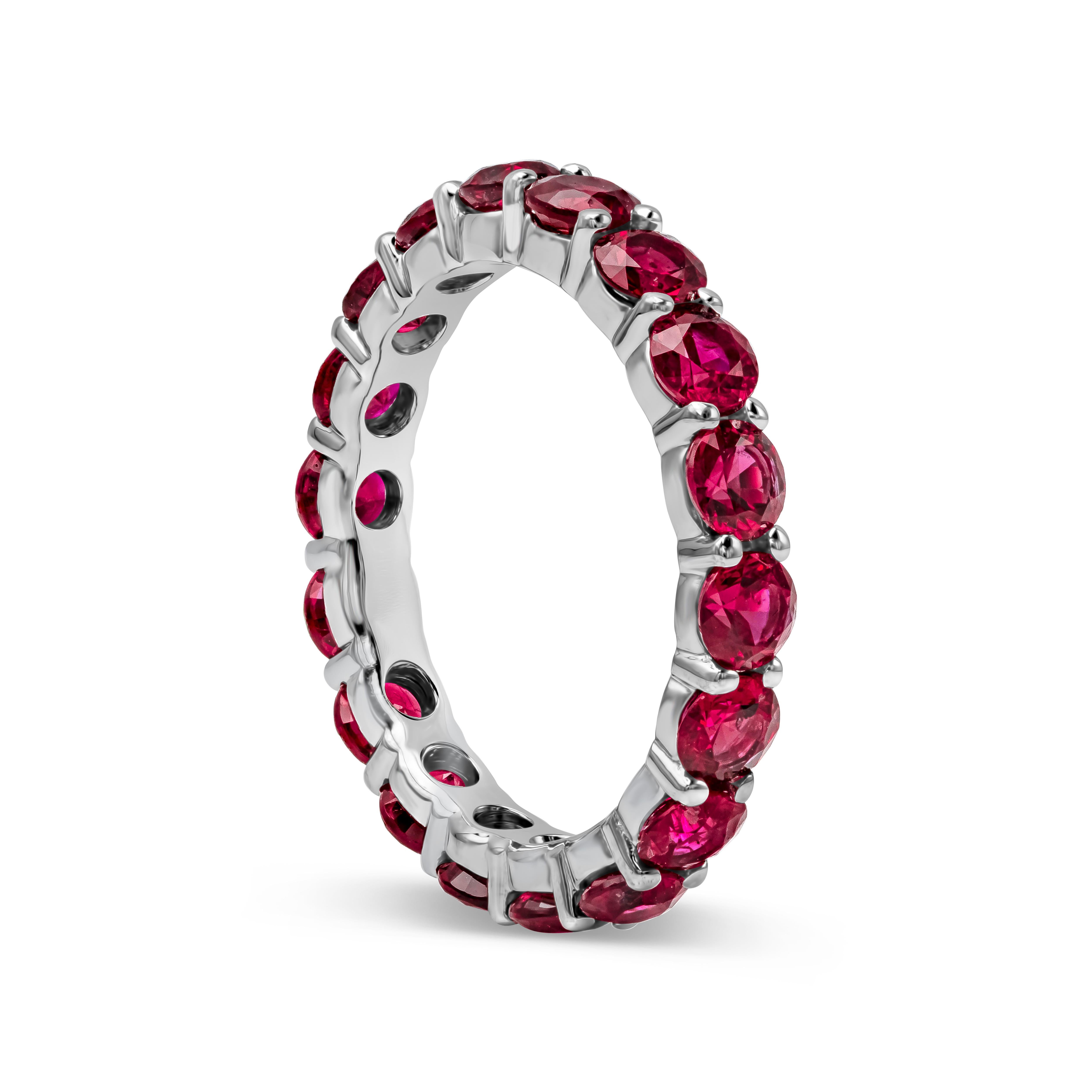 A beautiful and stackable wedding band ring showcasing a row of color-rich rubies weighing 3.63 carats VS in Clarity. Set in a shared-prong, Made with 18K White Gold, Size 6 US.

Style available in different price ranges. Prices are based on size,