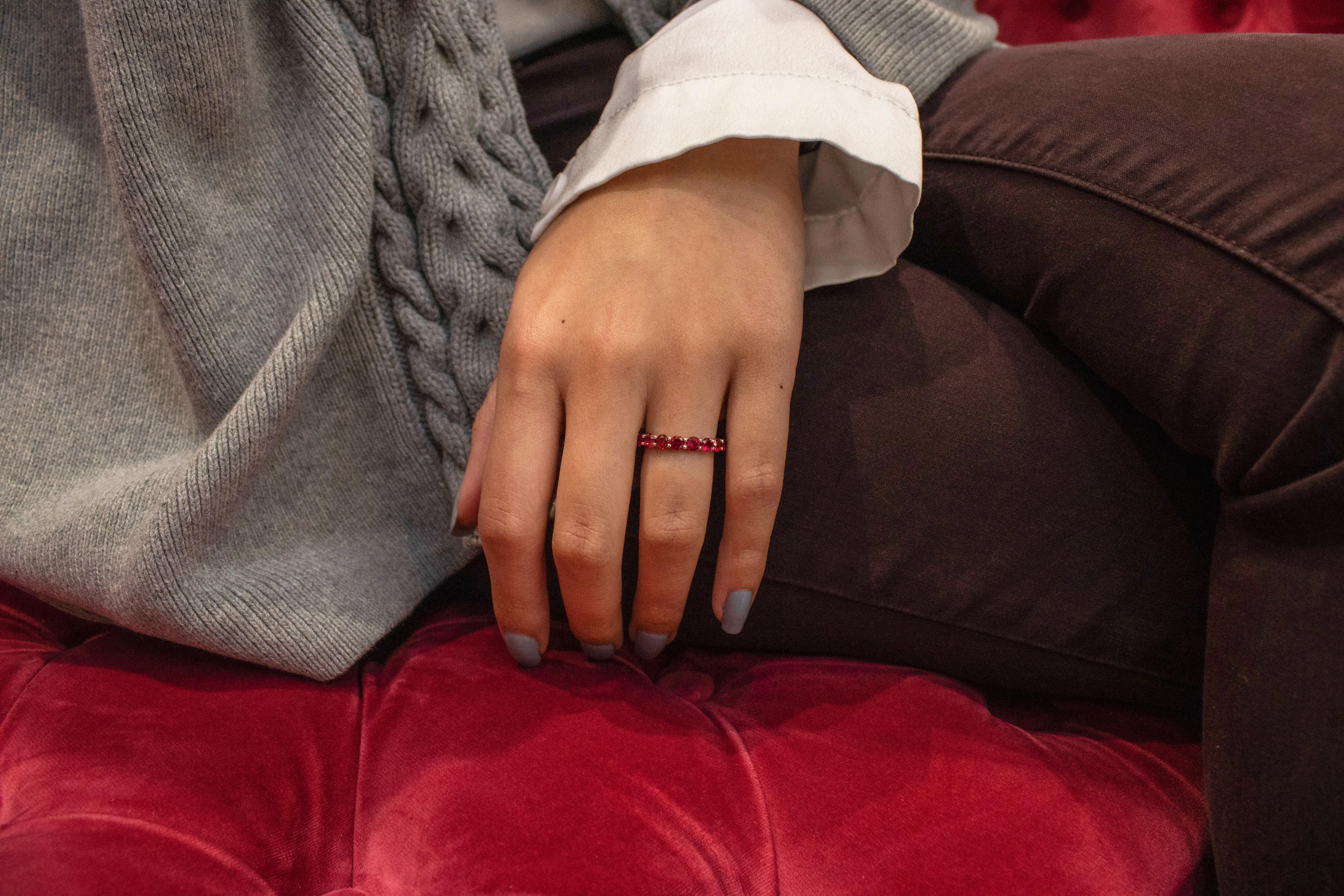 Women's or Men's Roman Malakov 3.63 Carat Round Cut Ruby Eternity Wedding Band Ring