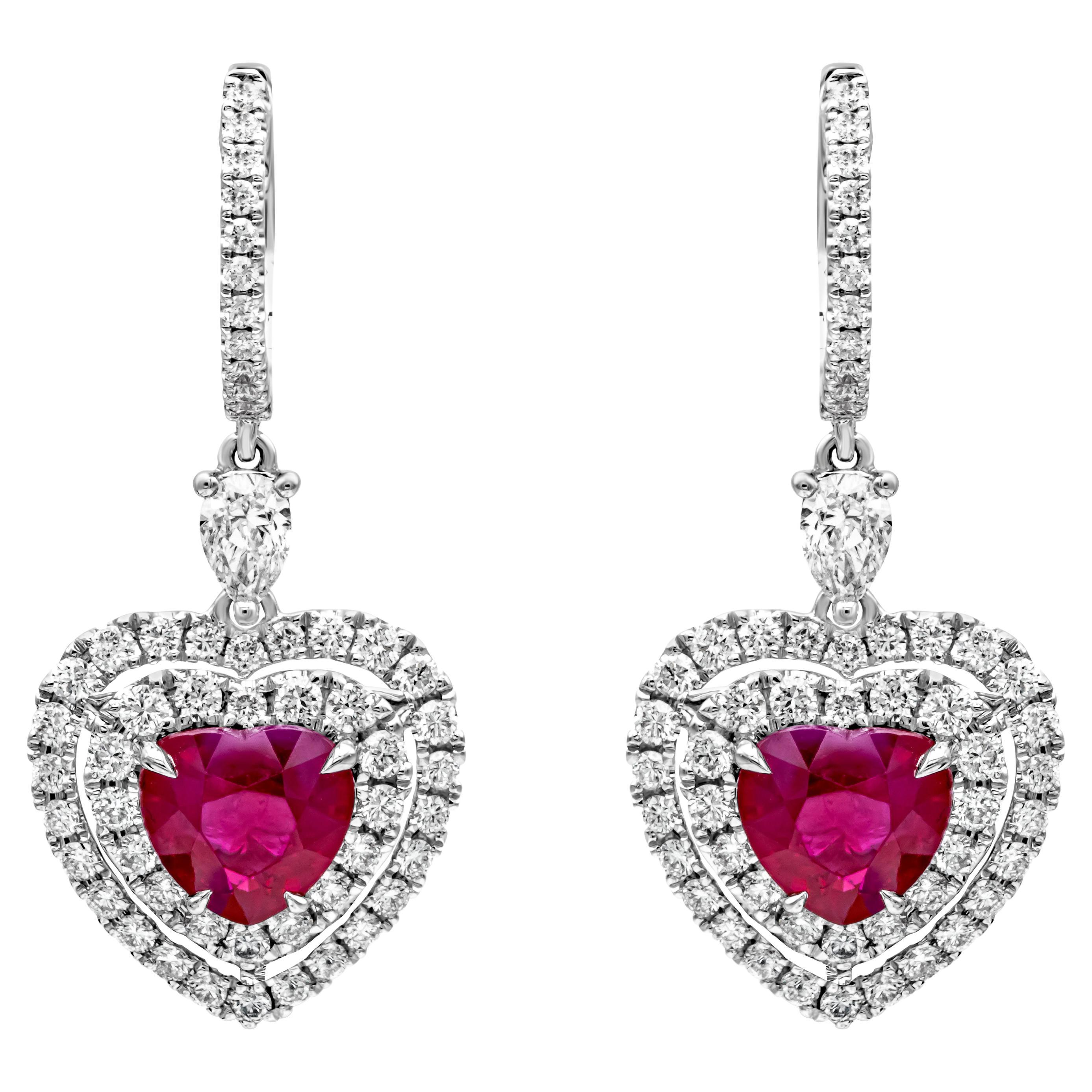 Roman Malakov 3.67 Carats Total Heart Shape Ruby & Diamond Halo Dangle Earrings For Sale