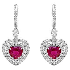 Roman Malakov 3.67 Carats Total Heart Shape Ruby & Diamond Halo Dangle Earrings