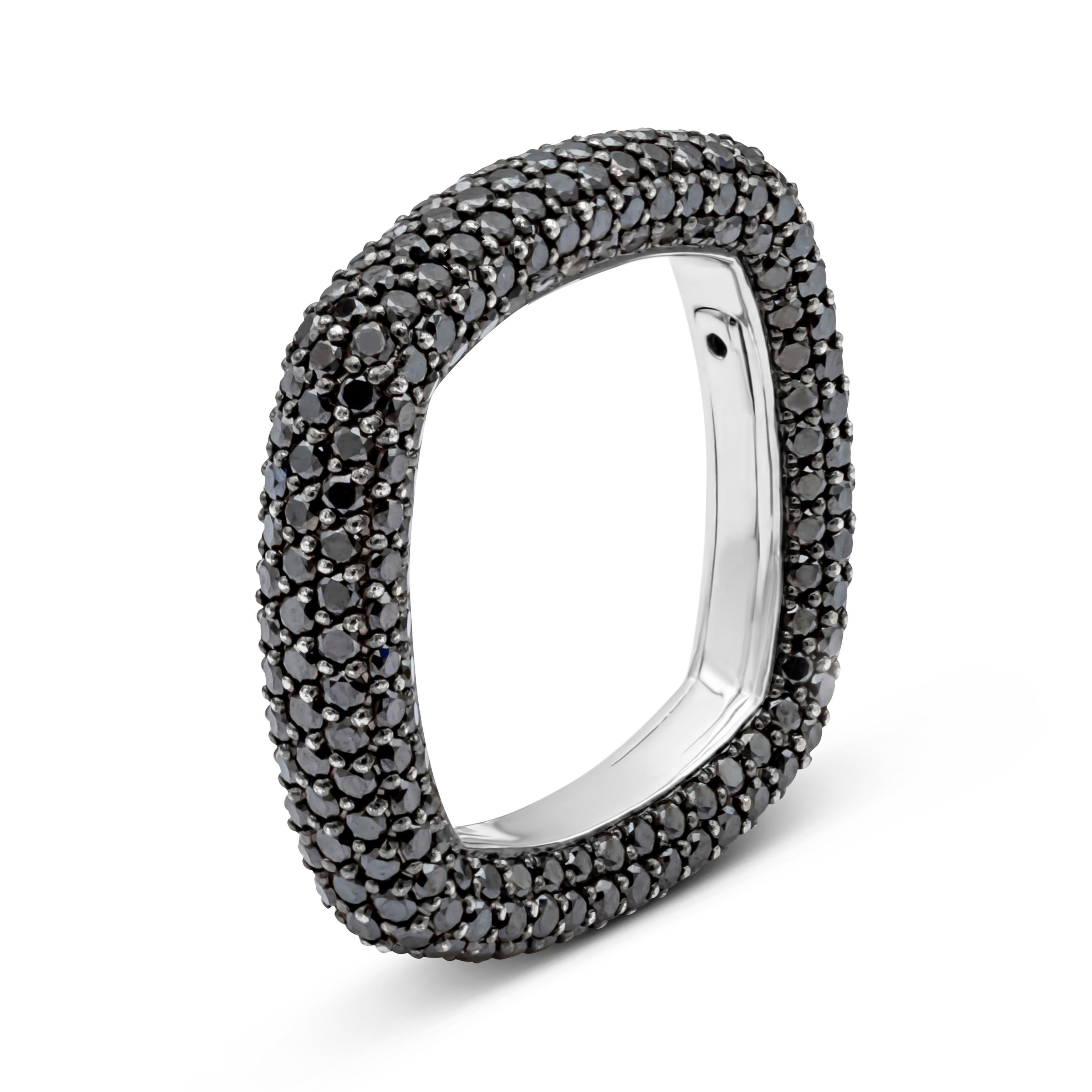 This fascinating and stylish fashion ring showcases 340 brilliant round cut black diamonds weighing 3.68 carats total, beautifully set in a micro-pave set square design and shared prong setting. Perfectly made in 18k white gold and Size 6.5 US