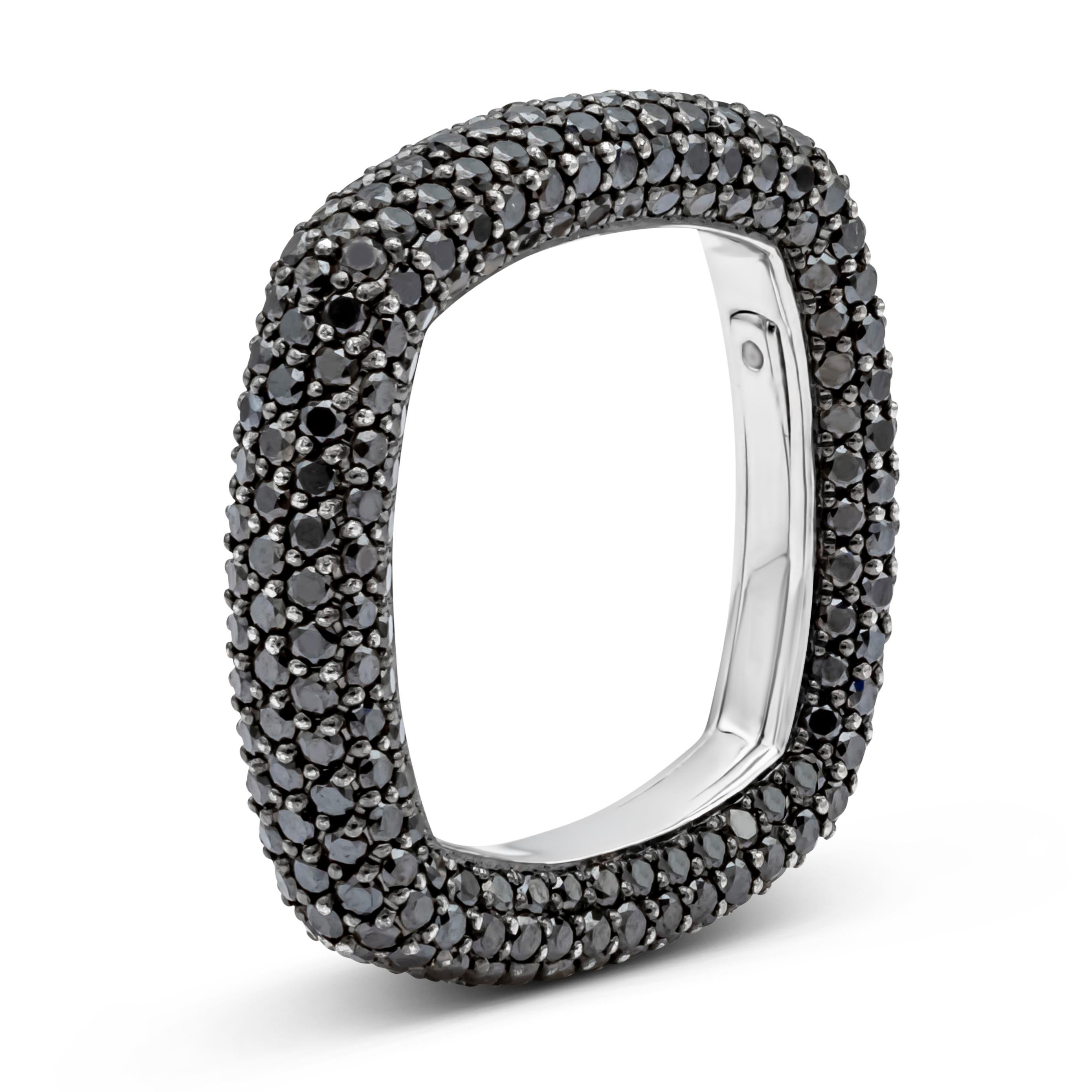 Contemporary Roman Malakov 3.68 Carats Total Round Black Diamond Square Pave Fashion Ring For Sale
