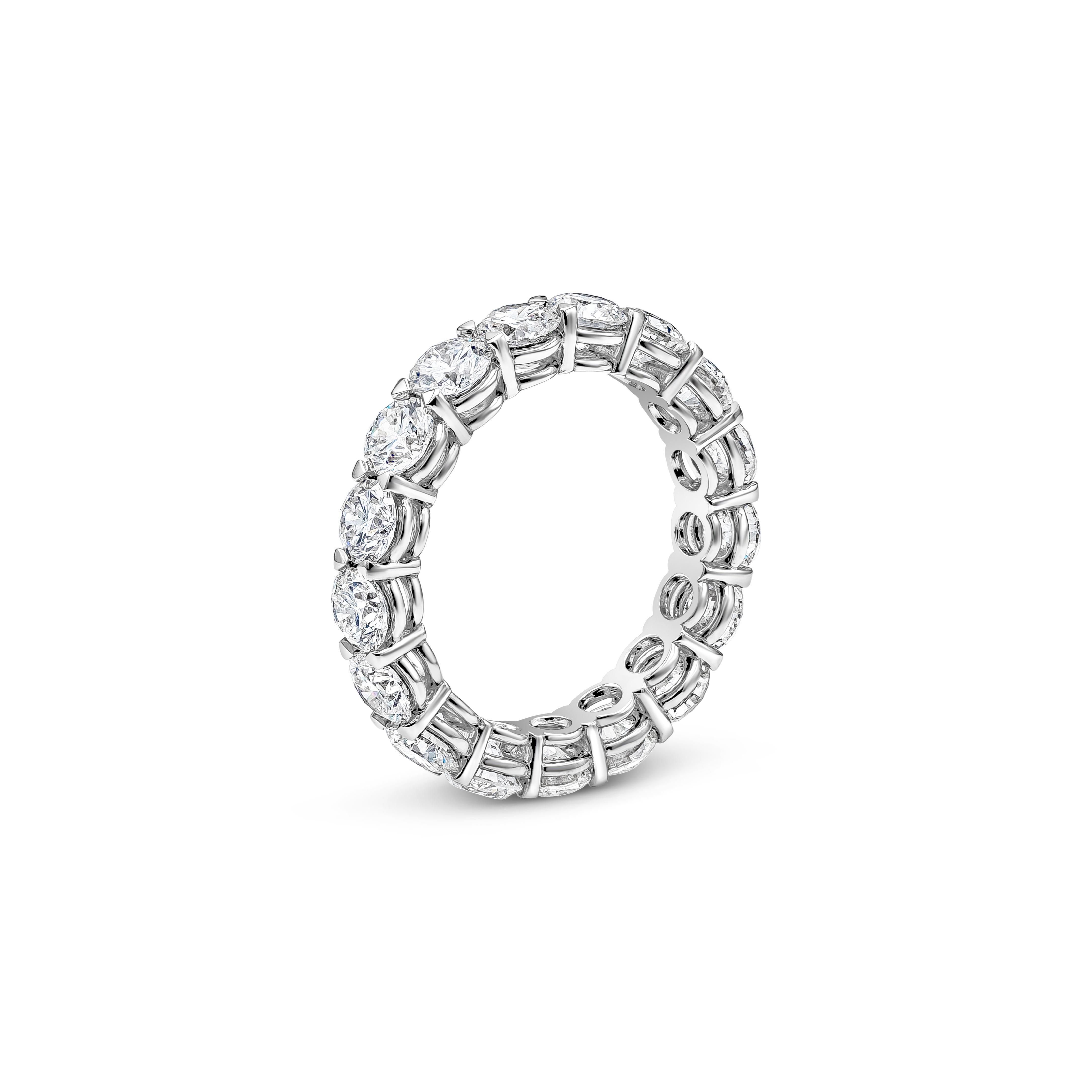 This timeless eternity band has 17 brilliant round diamonds weighing 3.71 carats total in F Color and SI in Clarity. Set in a classic four prong setting made with Platinum. Size 6 US.

Roman Malakov is a custom house, specializing in creating