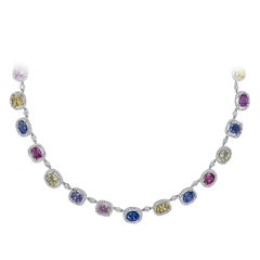 37.41 Carats Total Multi-Color Oval Cut Sapphire & Diamond Necklace