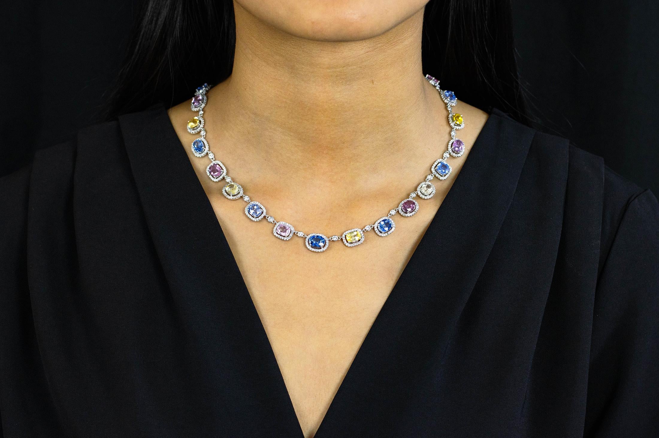 Contemporary Roman Malakov 37.41 Carats Total Multi Color Sapphire and Round Diamond Necklace For Sale