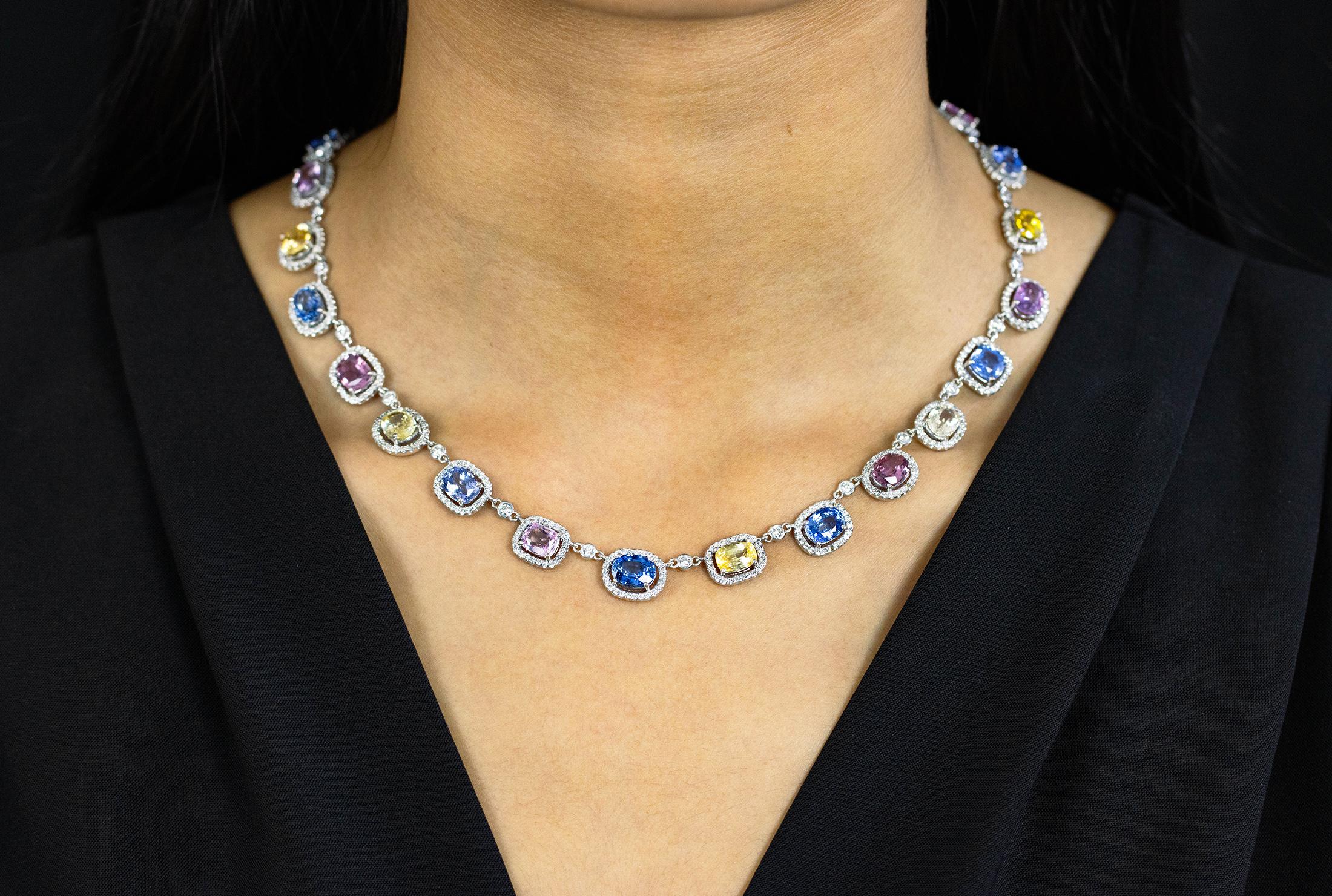 Oval Cut Roman Malakov 37.41 Carats Total Multi Color Sapphire and Round Diamond Necklace For Sale