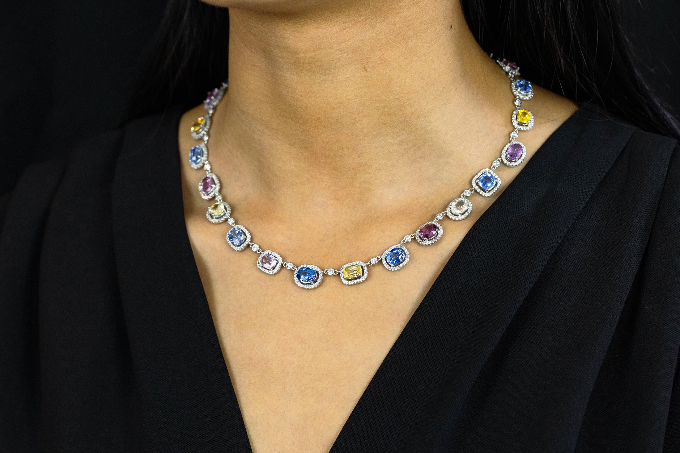 Roman Malakov 37.41 Carats Total Multi Color Sapphire and Round Diamond Necklace In New Condition For Sale In New York, NY