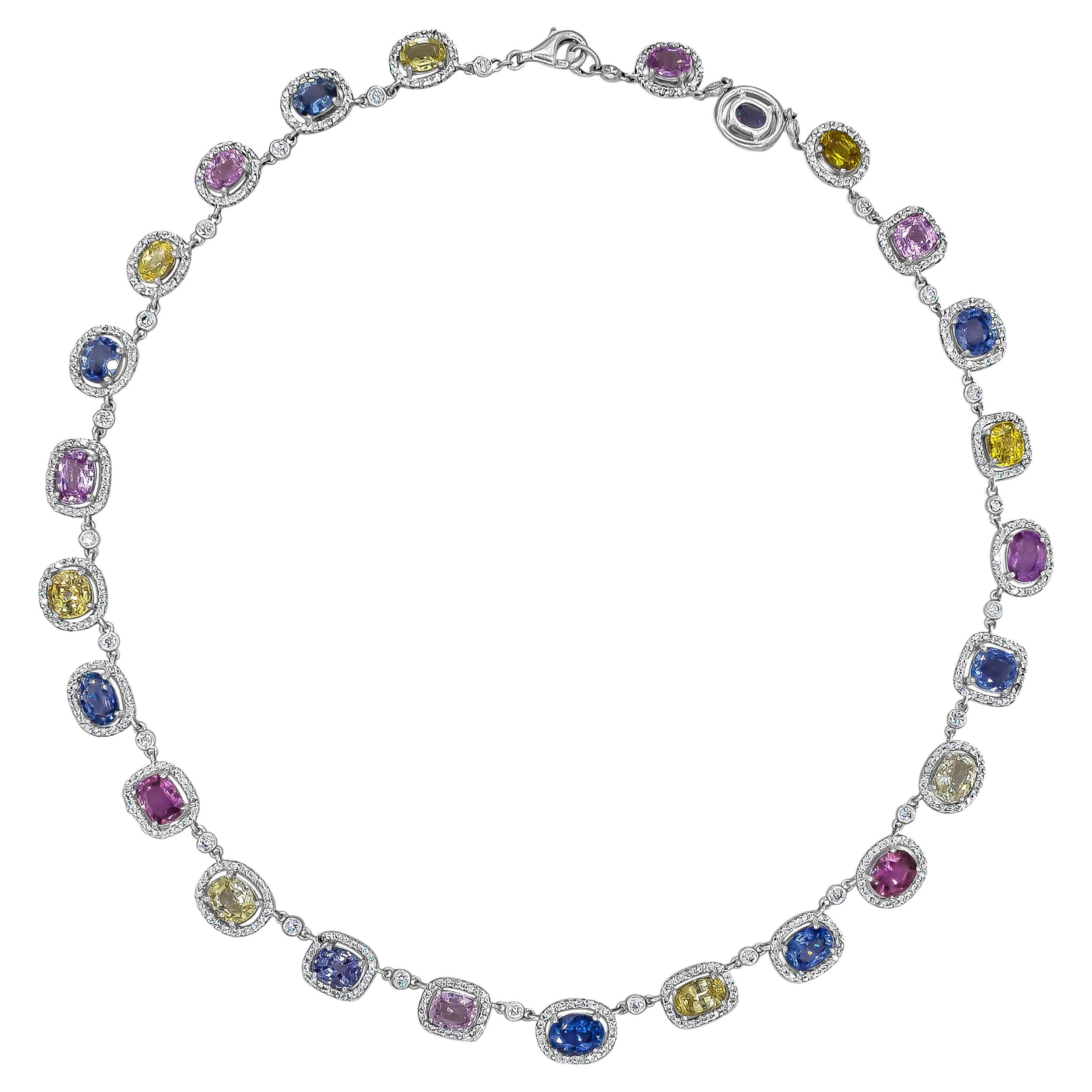 Roman Malakov 37.41 Carats Total Multi Color Sapphire and Round Diamond Necklace For Sale