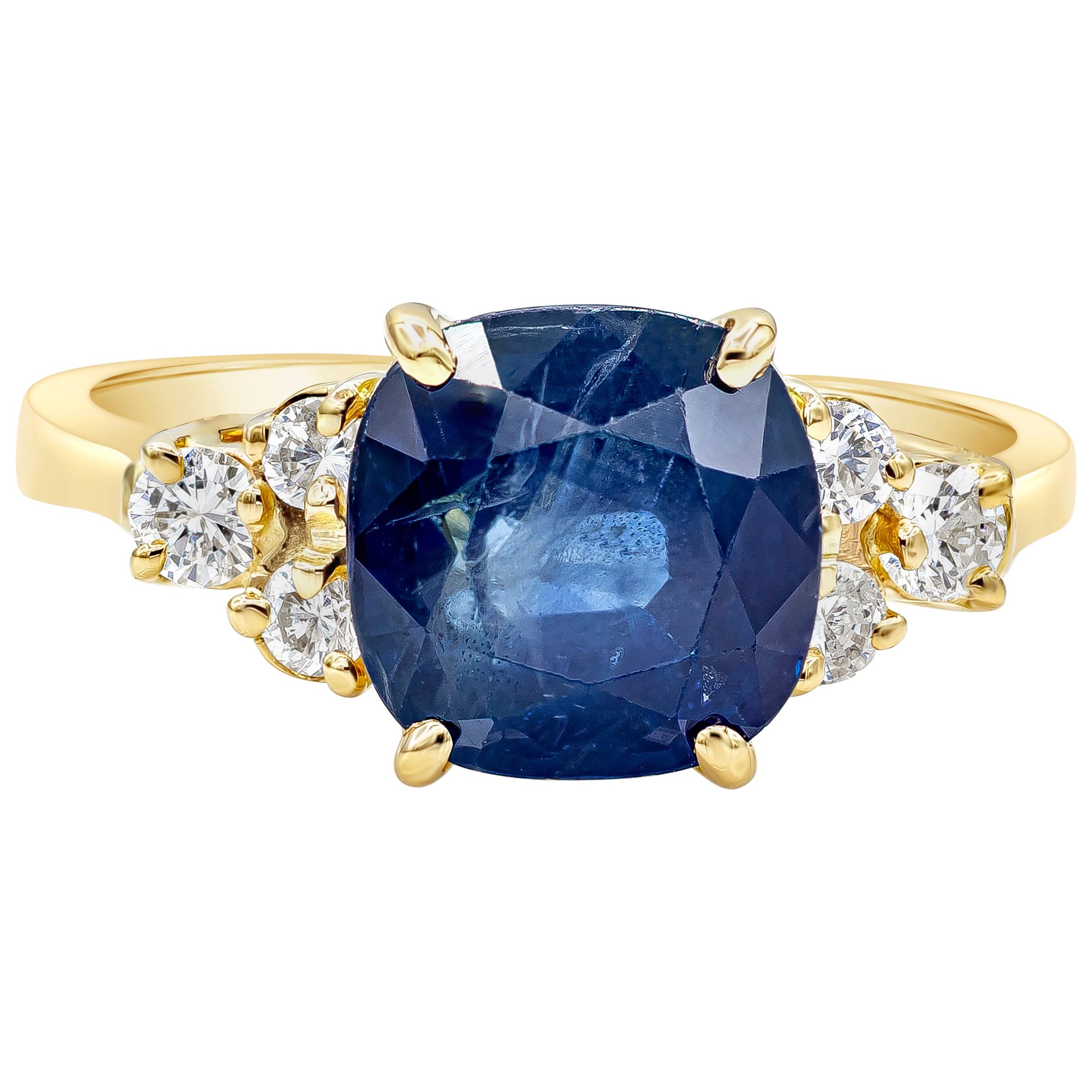 Roman Malakov 3.75 Carat Cushion Cut Blue Sapphire and Diamond Engagement Ring For Sale