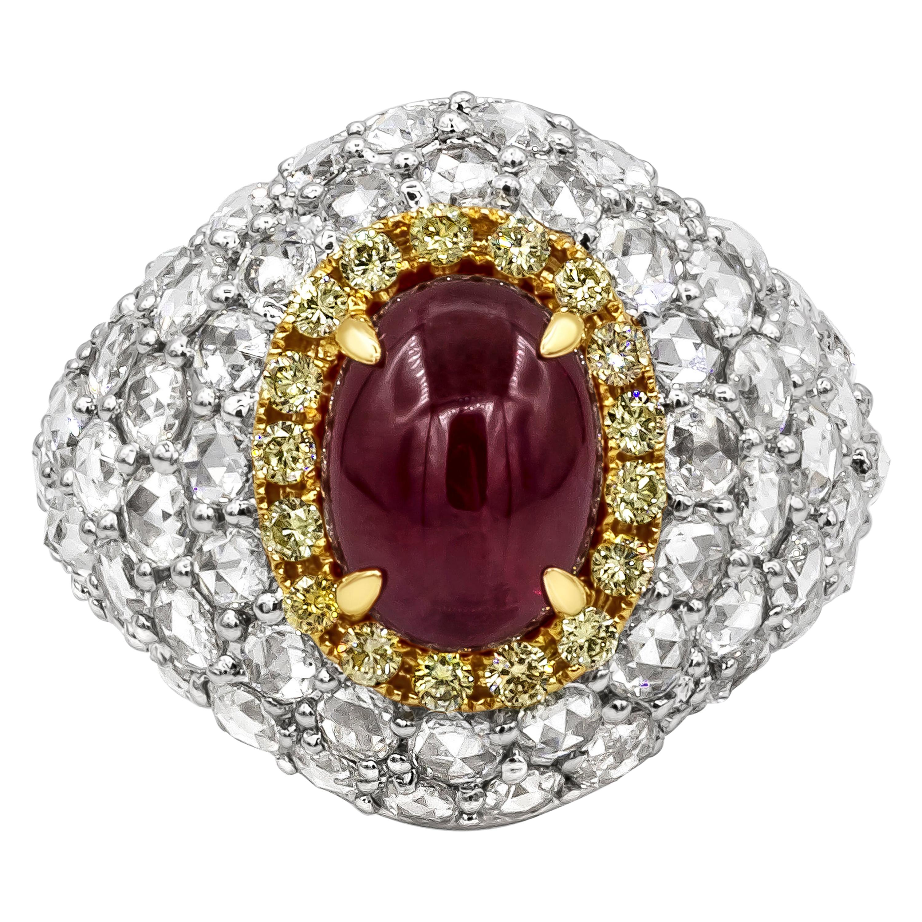 3.76 Carats Cabochon Ruby, Mixed Cut Yellow & White Diamonds Dome Cocktail Ring For Sale
