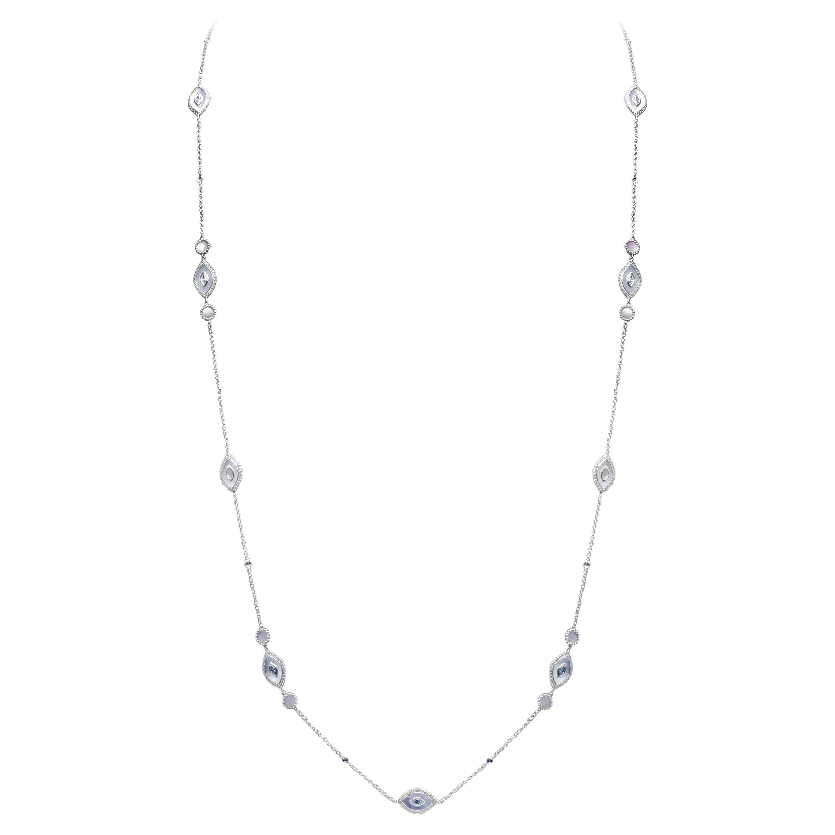 A fashionable long necklace showcasing diamond encrusted and mother of pearl in an evil eye design. Diamonds weigh 3.77 carats total. Made with 18K White Gold. 

Roman Malakov is a custom house, specializing in creating anything you can imagine. If