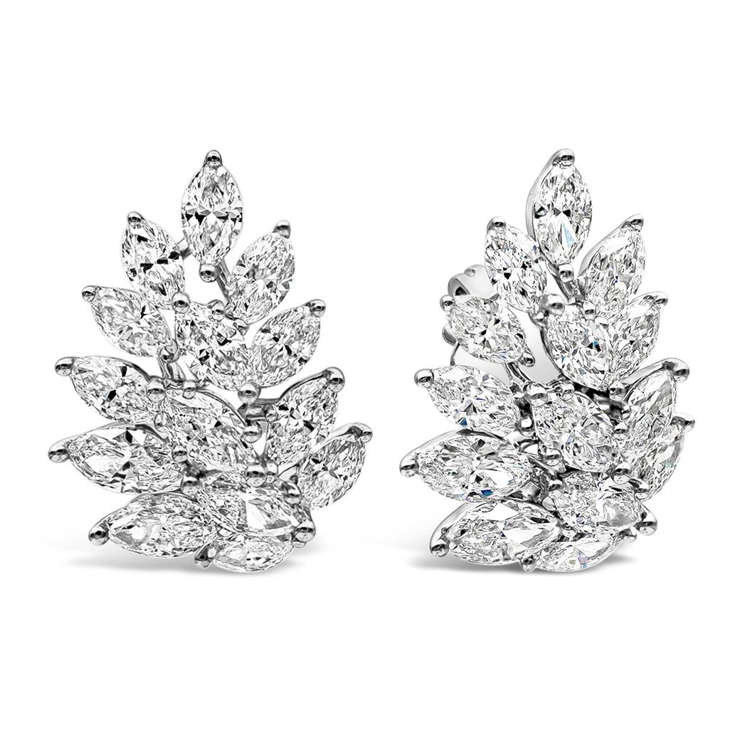A fashionable pair of marquise cut diamond earrings, showcasing a cluster of marquise cut diamonds weighing 3.80 carats total with F-G color and VS-SI Clarity. Set in a beautiful contemporary design made of 18K white gold. 

Roman Malakov is a