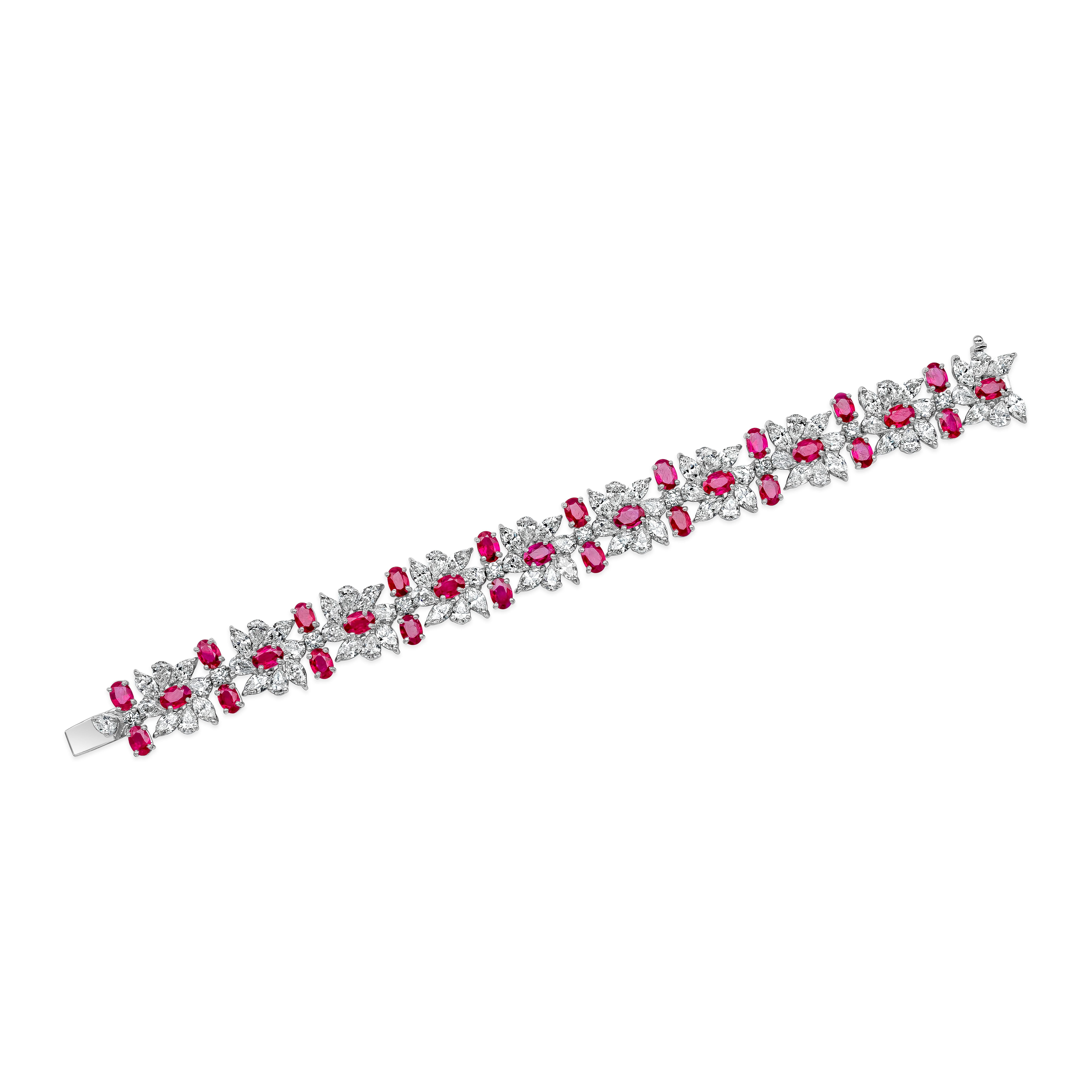 Contemporary Roman Malakov 38.21 Carats Total Mixed-Cut Ruby and Diamond Cluster Bracelet