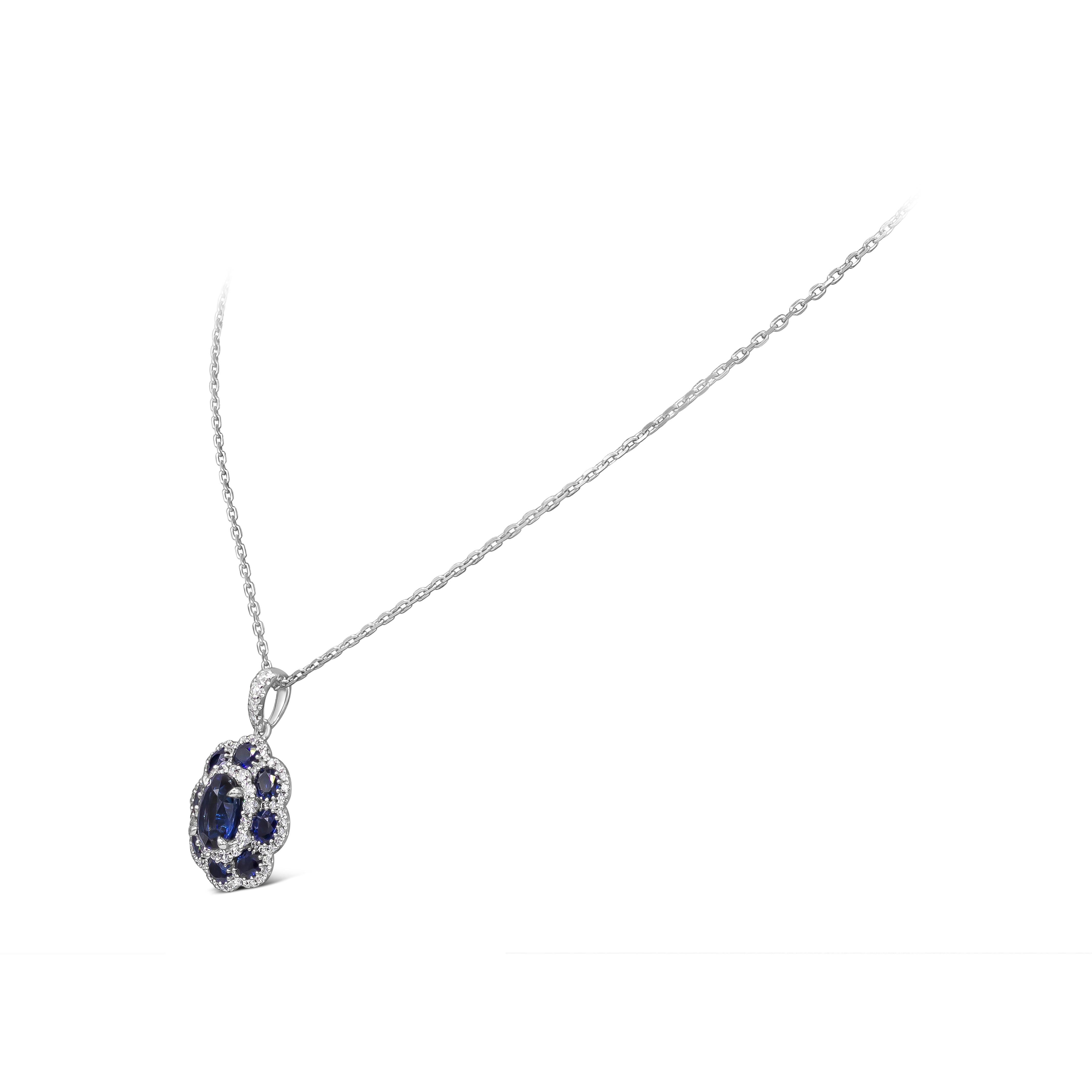 Contemporary Roman Malakov 3.88 Carats Oval Cut Blue Sapphire and Diamond Pendant Necklace For Sale