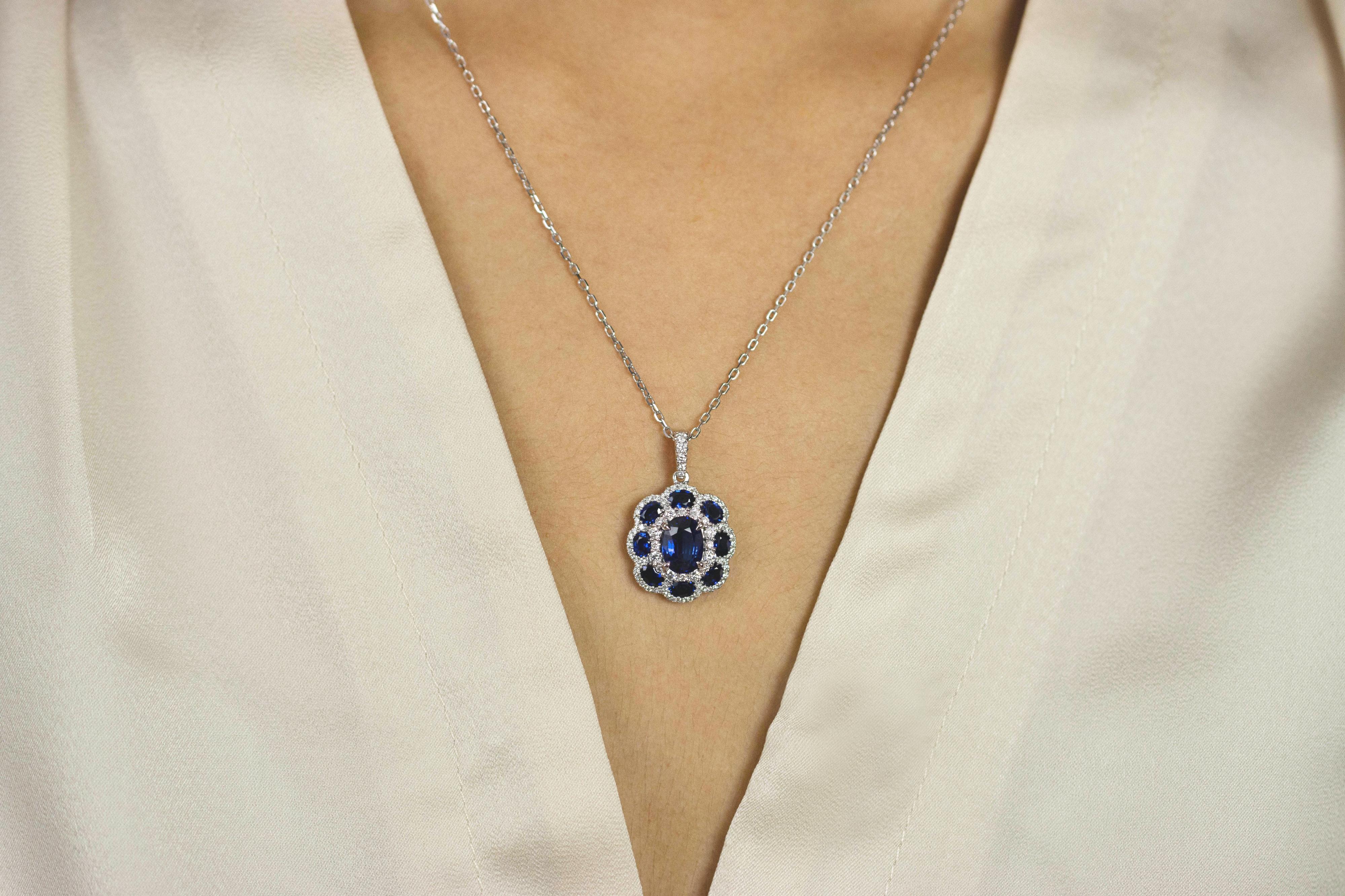 Women's Roman Malakov 3.88 Carats Oval Cut Blue Sapphire and Diamond Pendant Necklace For Sale