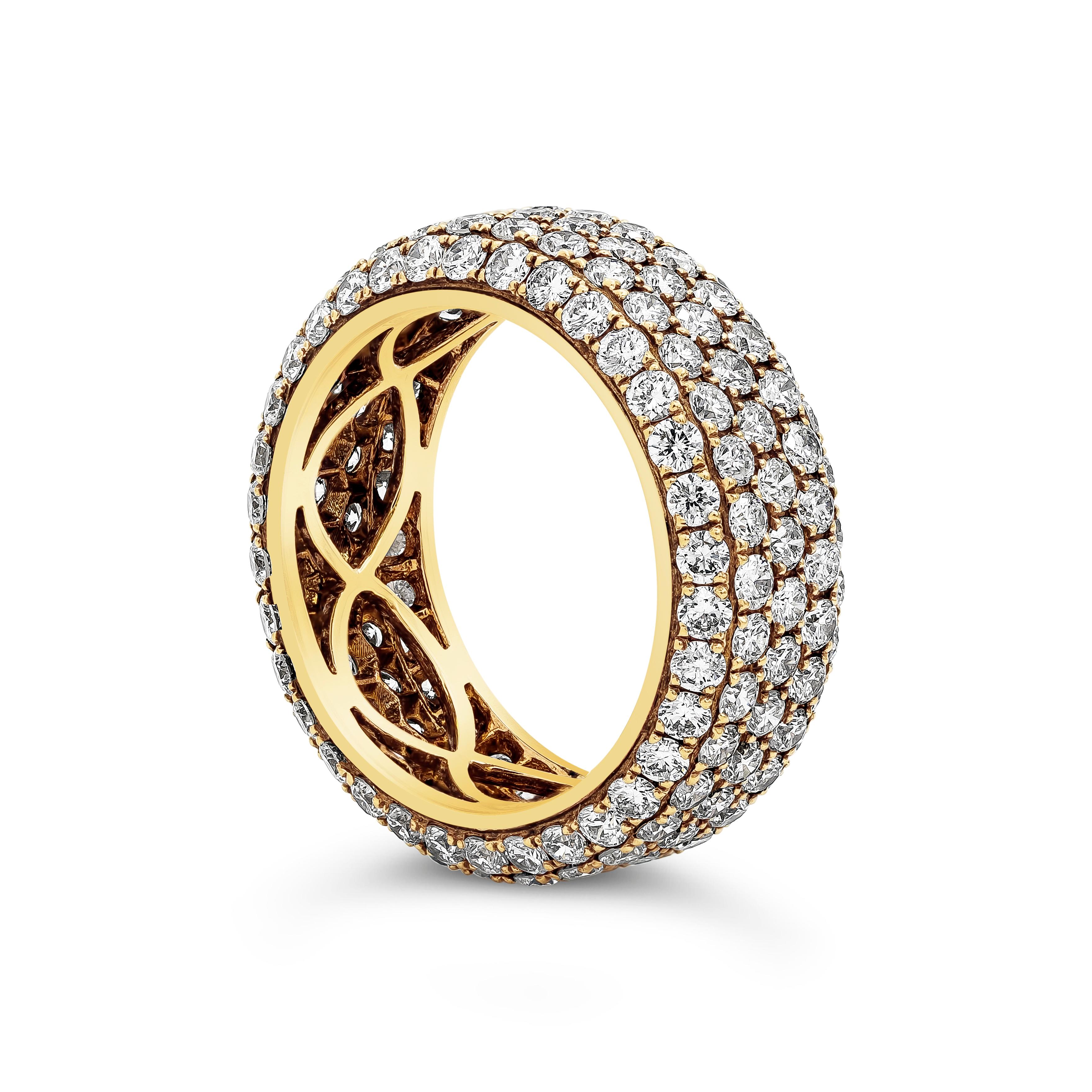 A fashionable and wide eternity ring showcasing five rows of round brilliant diamonds, weighing 4.00 carats total. Micro-pave setting, Made with 18K Yellow Gold. Size 6.5 US.

Roman Malakov is a custom house, specializing in creating anything you