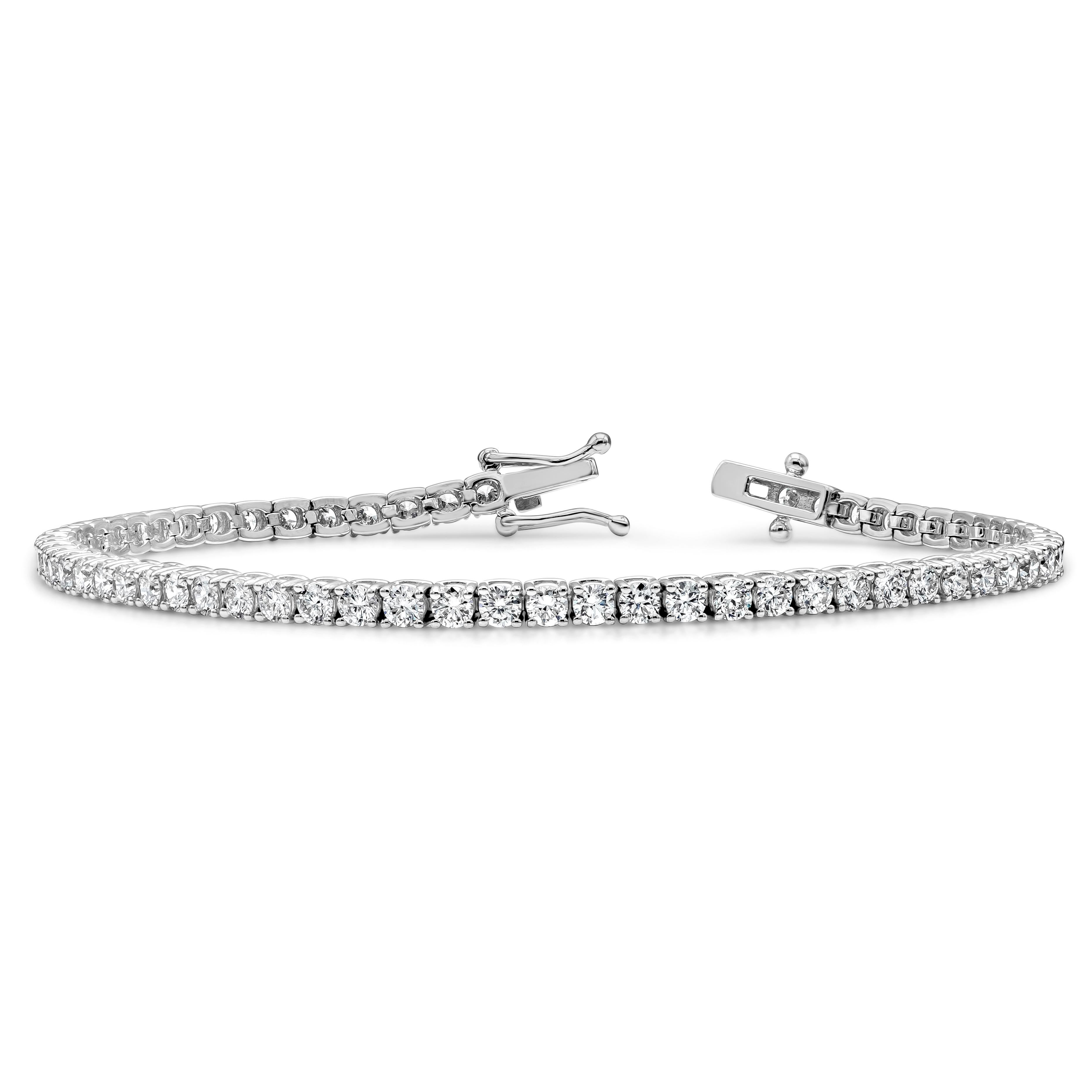 A classic tennis bracelet style showcasing 62 round brilliant diamonds, Diamonds weigh 4.03 carats total and are approximately F color, VS-SI clarity. 7 inches in Length. 2.50mm in Width. Made in 18K White Gold

Roman Malakov is a custom house,