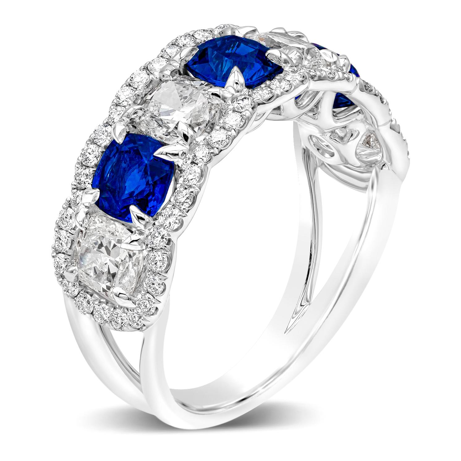 Cushion Cut Roman Malakov 4.04 Alternating Diamonds and Blue Sapphires Seven Stone Ring