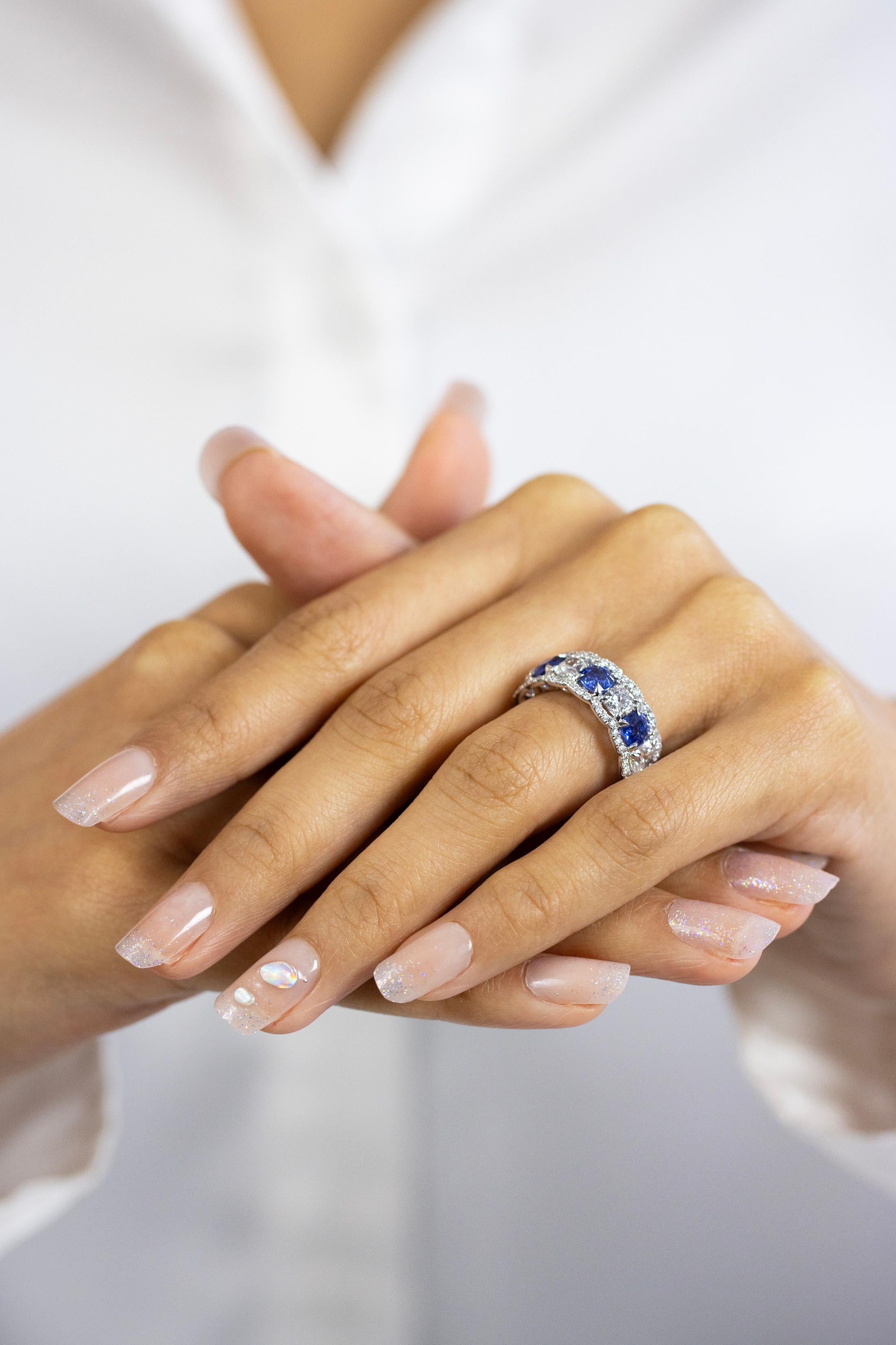 Roman Malakov 4.04 Alternating Diamonds and Blue Sapphires Seven Stone Ring In New Condition In New York, NY