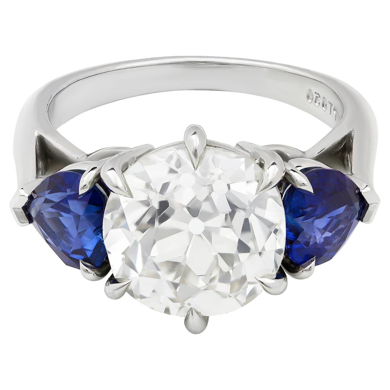 Roman Malakov 4.04 Carat European Cut Blue Sapphire Three-Stone Engagement Ring