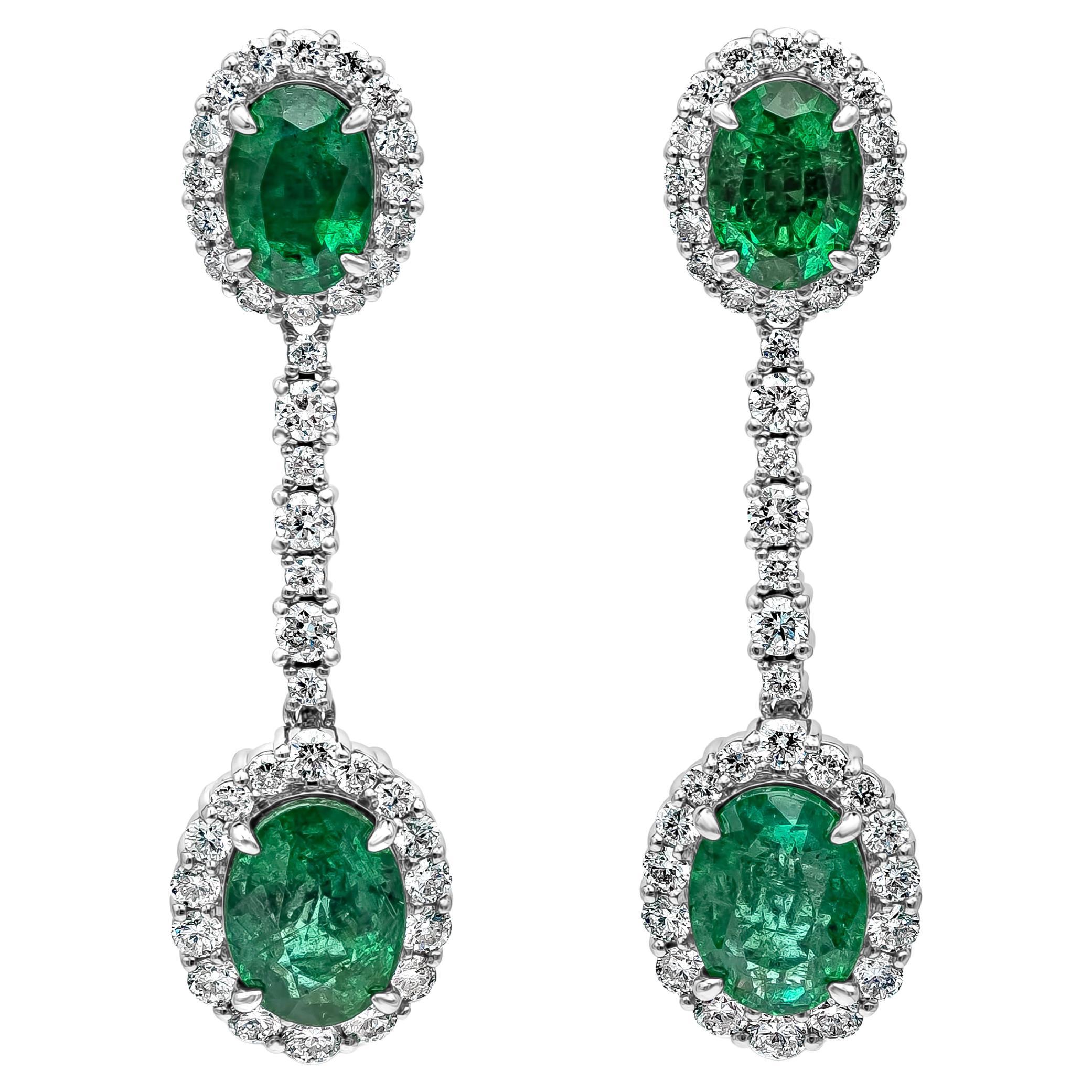 Roman Malakov, 4.10 Carat Emerald and Diamond Halo Dangle Earrings