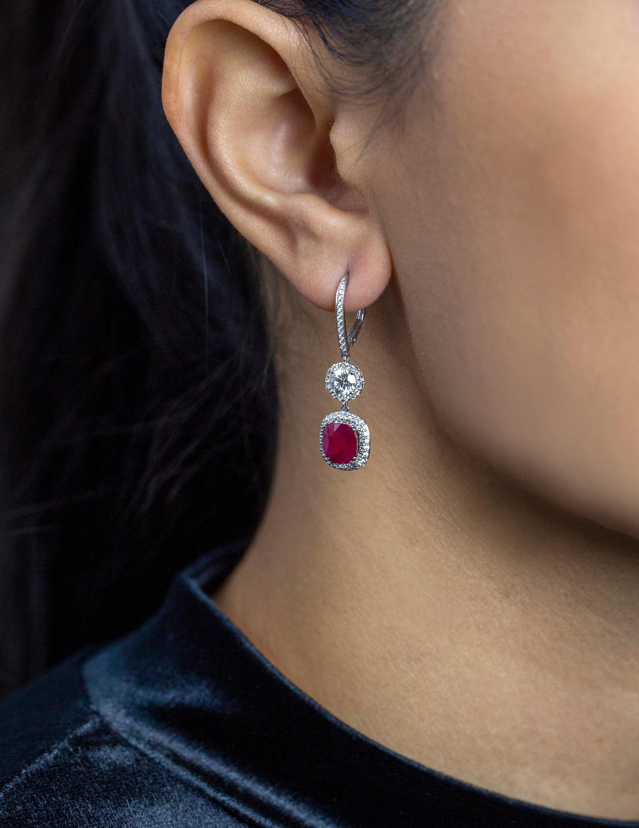 Roman Malakov 4.15 Carat Cushion Cut Ruby and Diamond Halo Dangle Earrings In New Condition For Sale In New York, NY