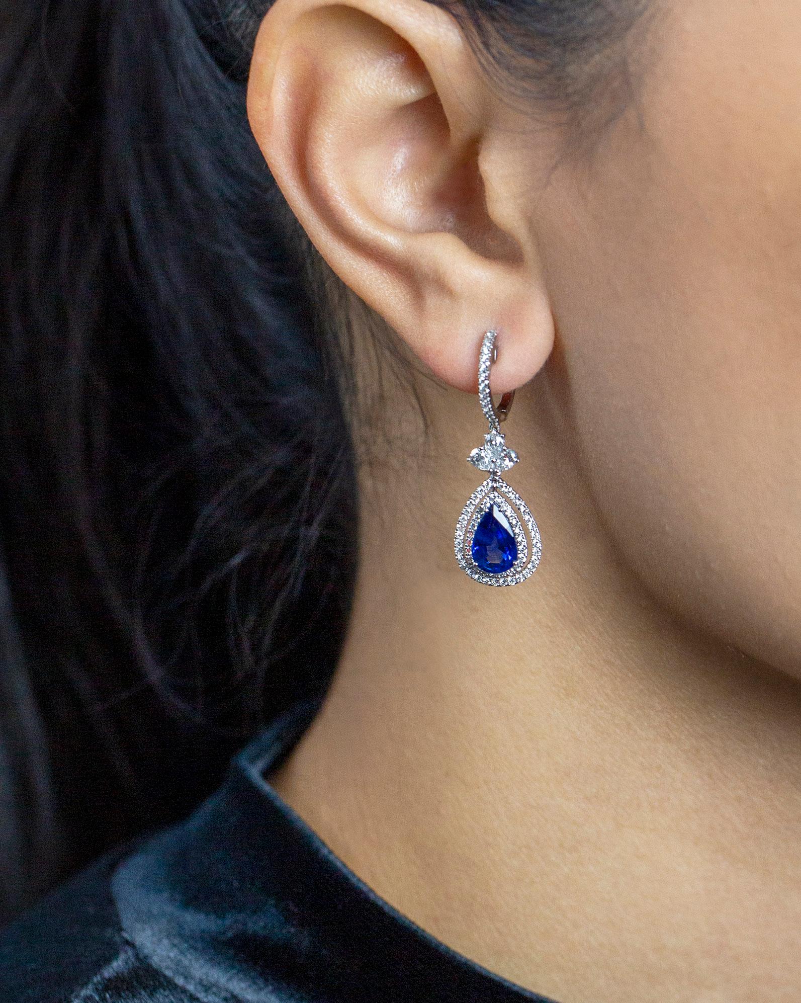 Contemporary Roman Malakov 4.18 Carat Blue Sapphire And Diamond Double Halo Dangle Earrings For Sale