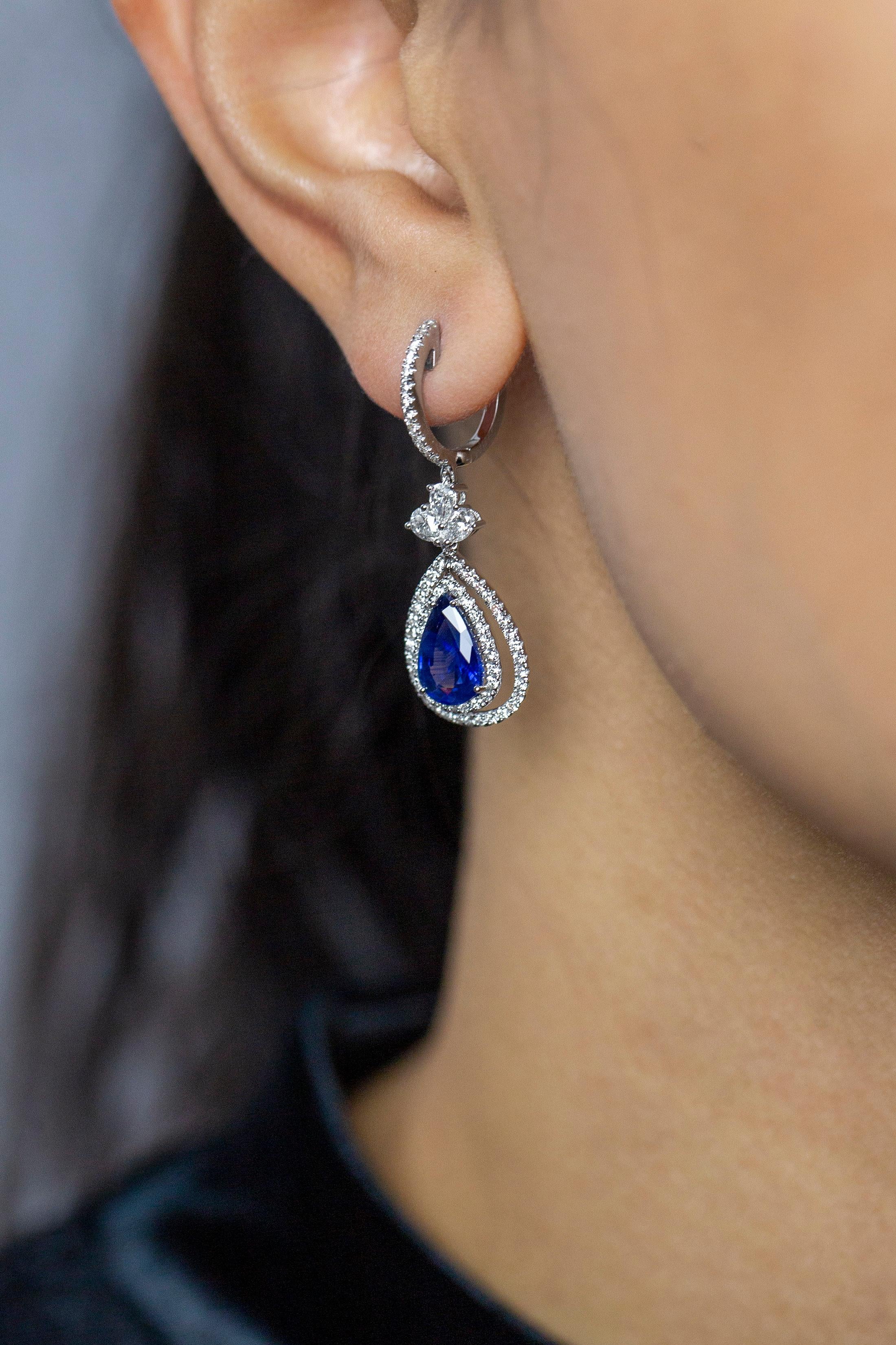 Pear Cut Roman Malakov 4.18 Carat Blue Sapphire And Diamond Double Halo Dangle Earrings For Sale