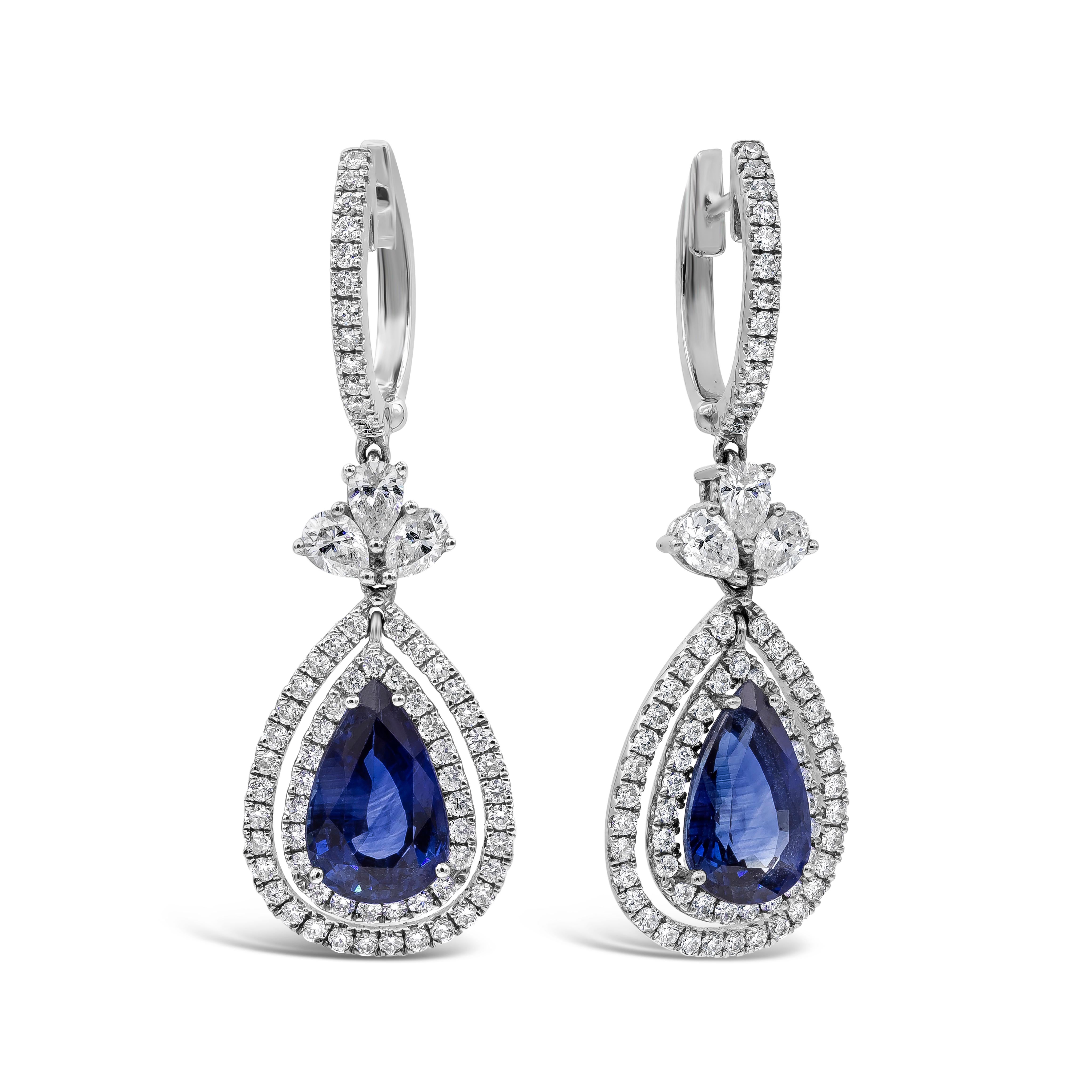 Roman Malakov 4.18 Carat Blue Sapphire And Diamond Double Halo Dangle Earrings For Sale 1