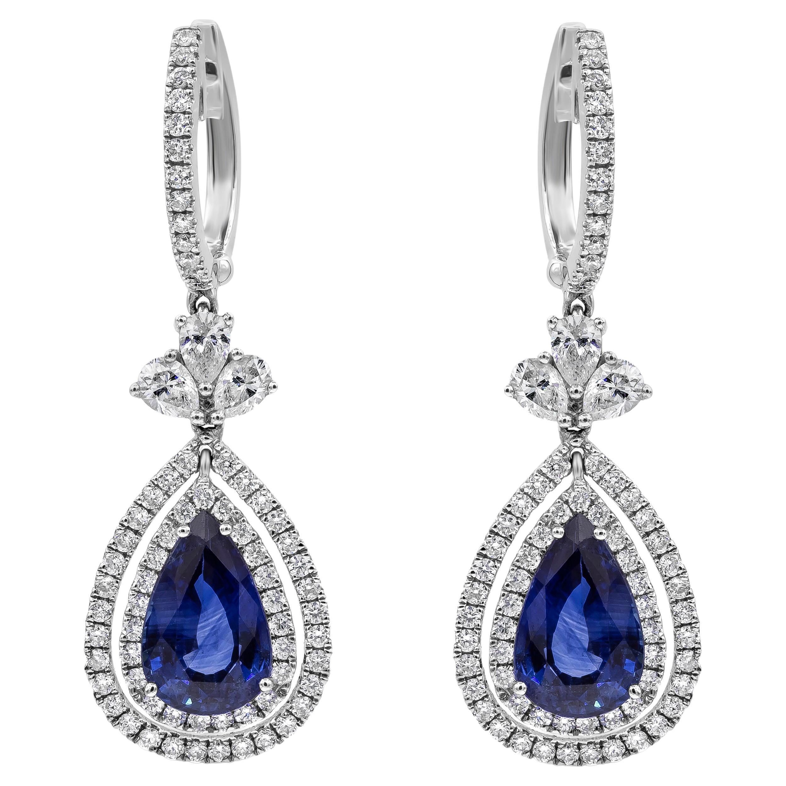 Roman Malakov 4.18 Carat Blue Sapphire And Diamond Double Halo Dangle Earrings