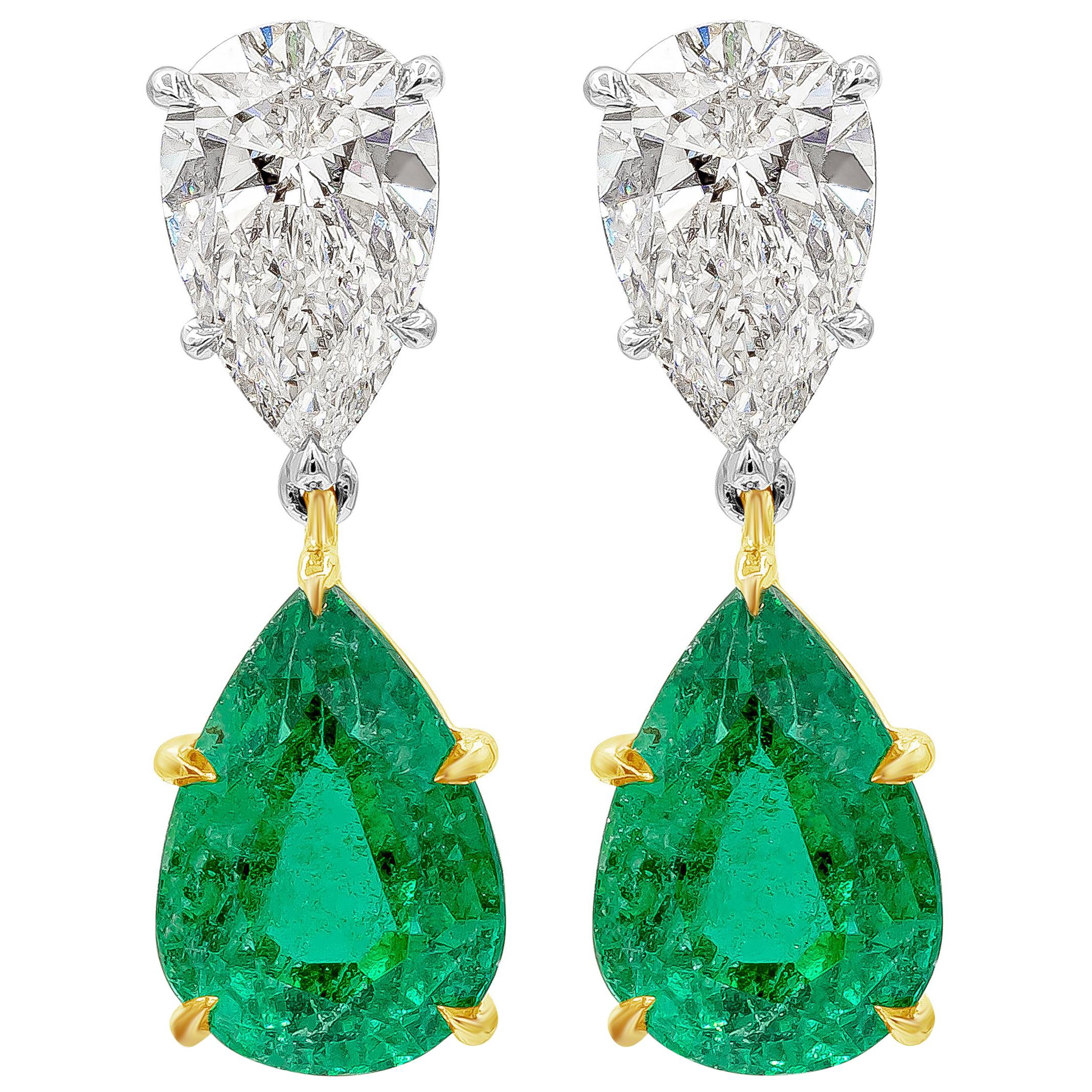 Roman Malakov 4.18 Carat Emerald and Diamond Dangle Drop Earrings