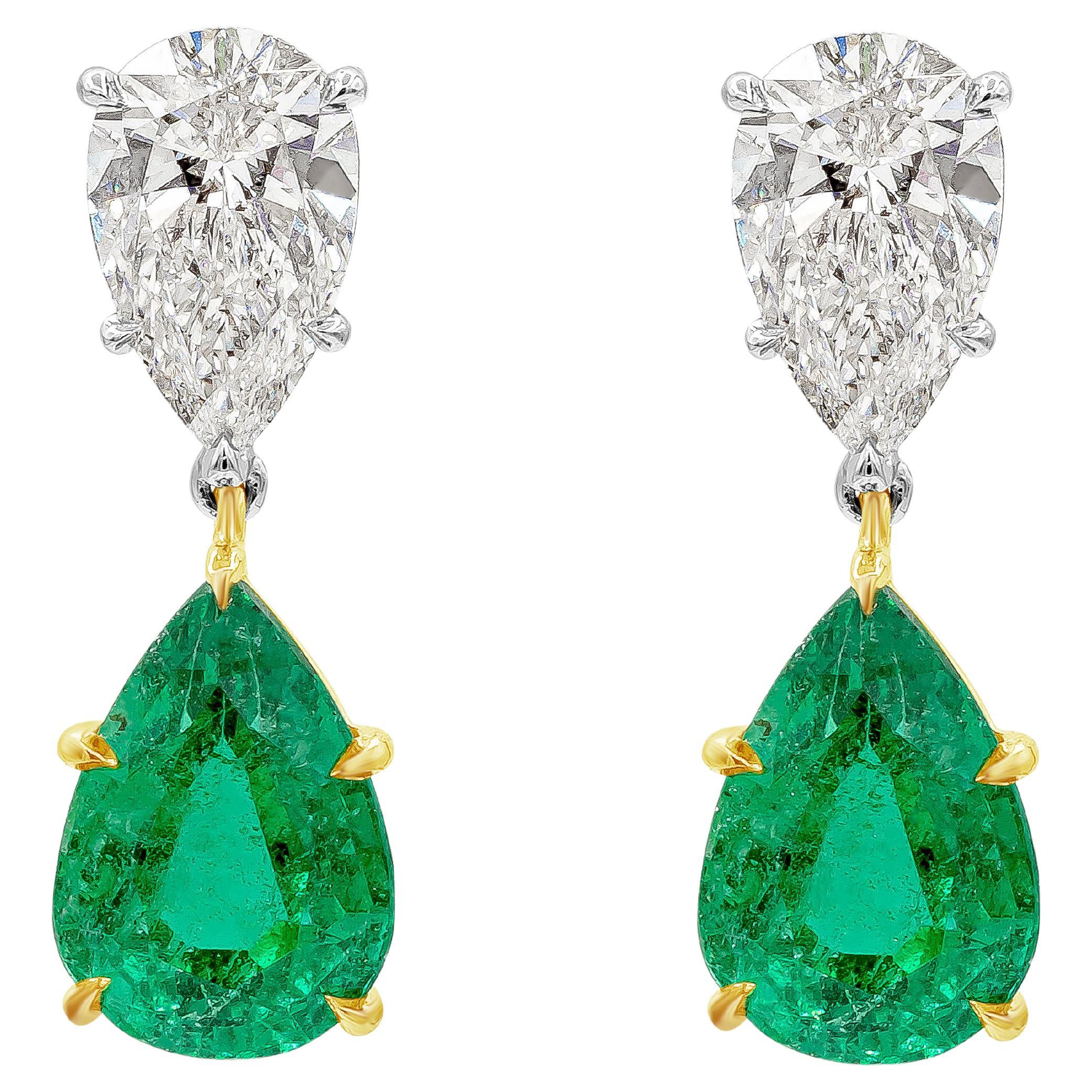 Roman Malakov 6.30 Carats Total Pear Shape Emerald and Diamonds Drop Earrings For Sale