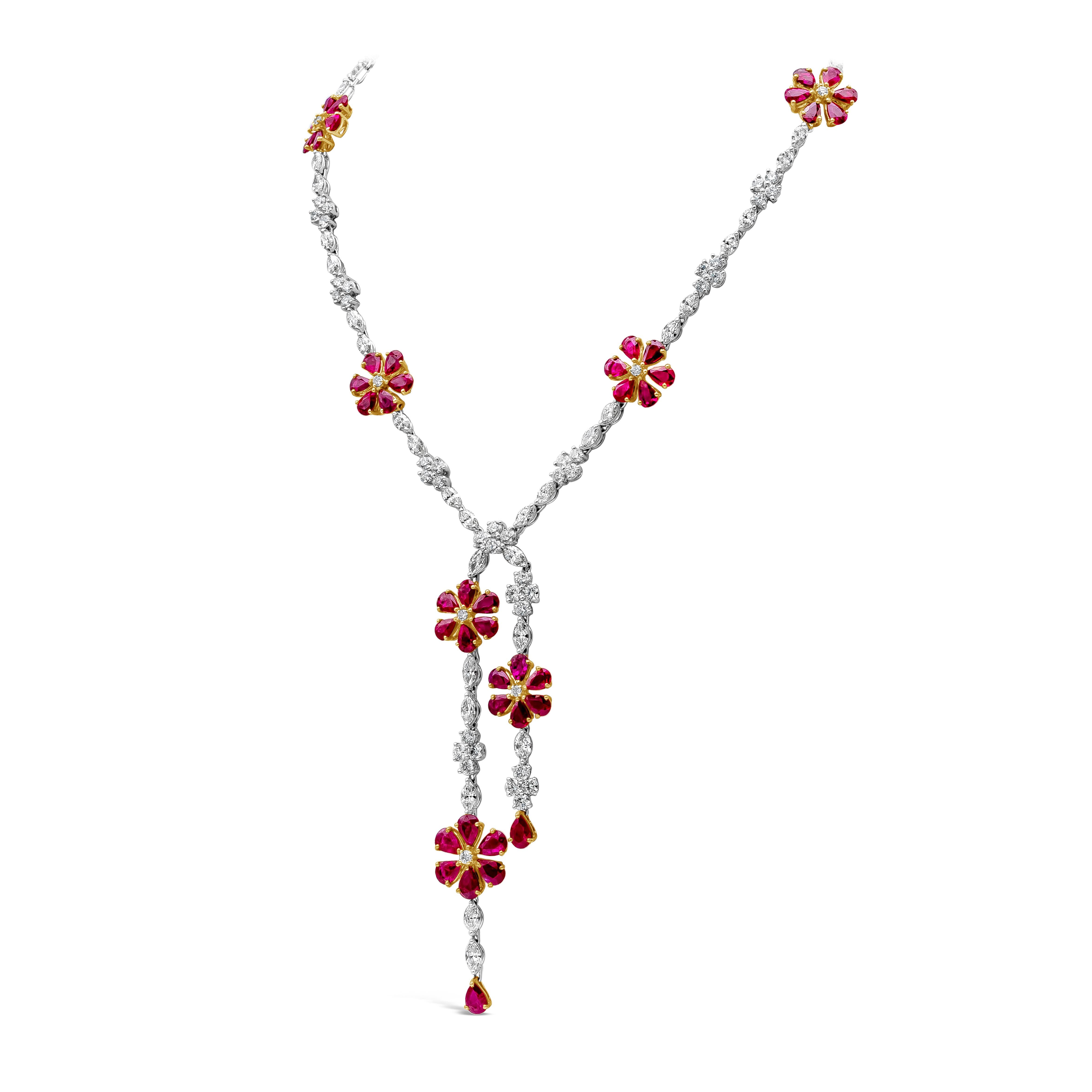 An elegant mixed-cut ruby and diamond necklace showcasing 83 round diamonds weighing 7.40 carats. 47 marquis cut diamonds weighing 9.53 carats, and 44 pear shape rubies weighing 24.97 carats, with a total weight of 41.90 carats. Flower-Motif