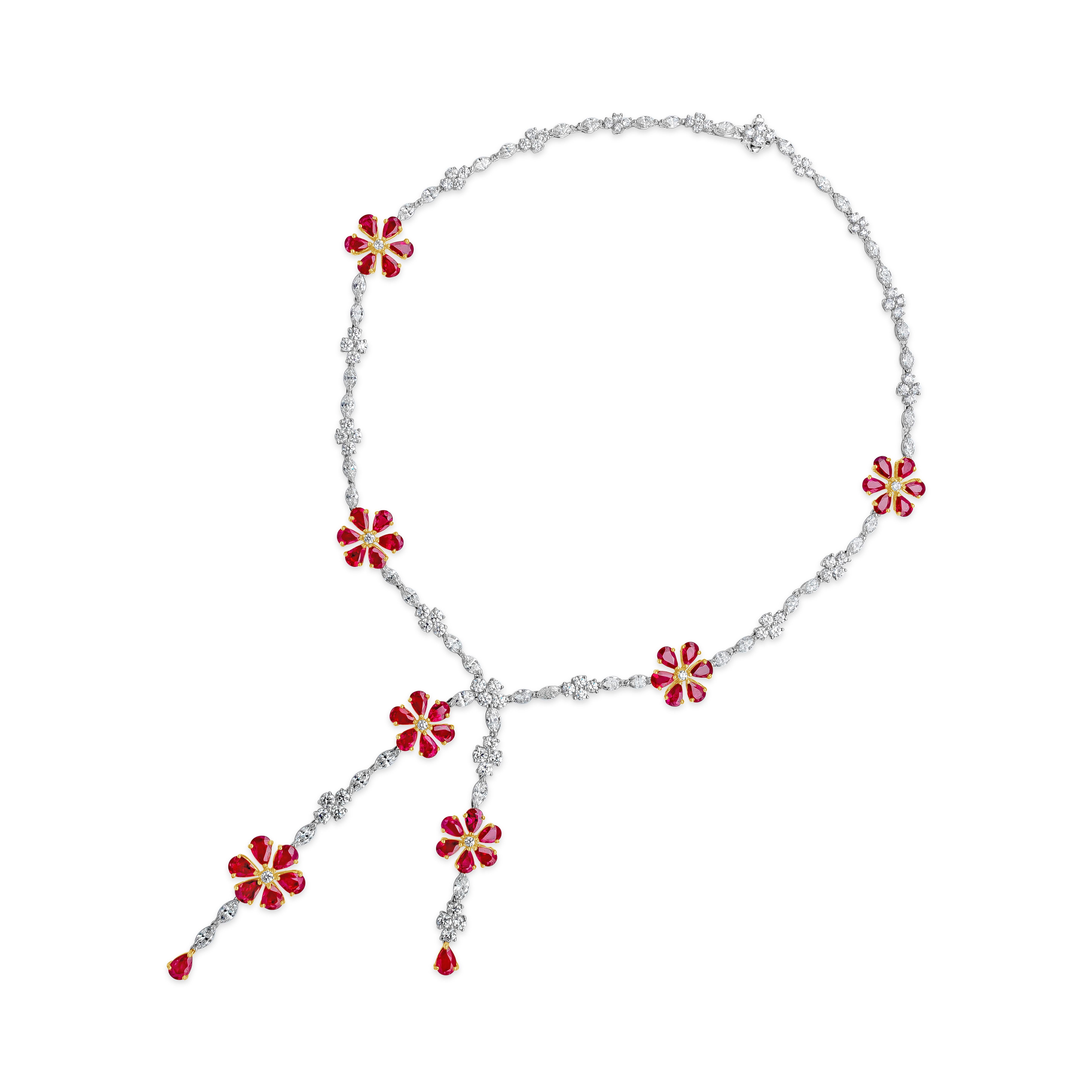 Contemporary Roman Malakov 41.90 Carats Total Mix-Cut Ruby and Diamond Flower-Motif Necklace